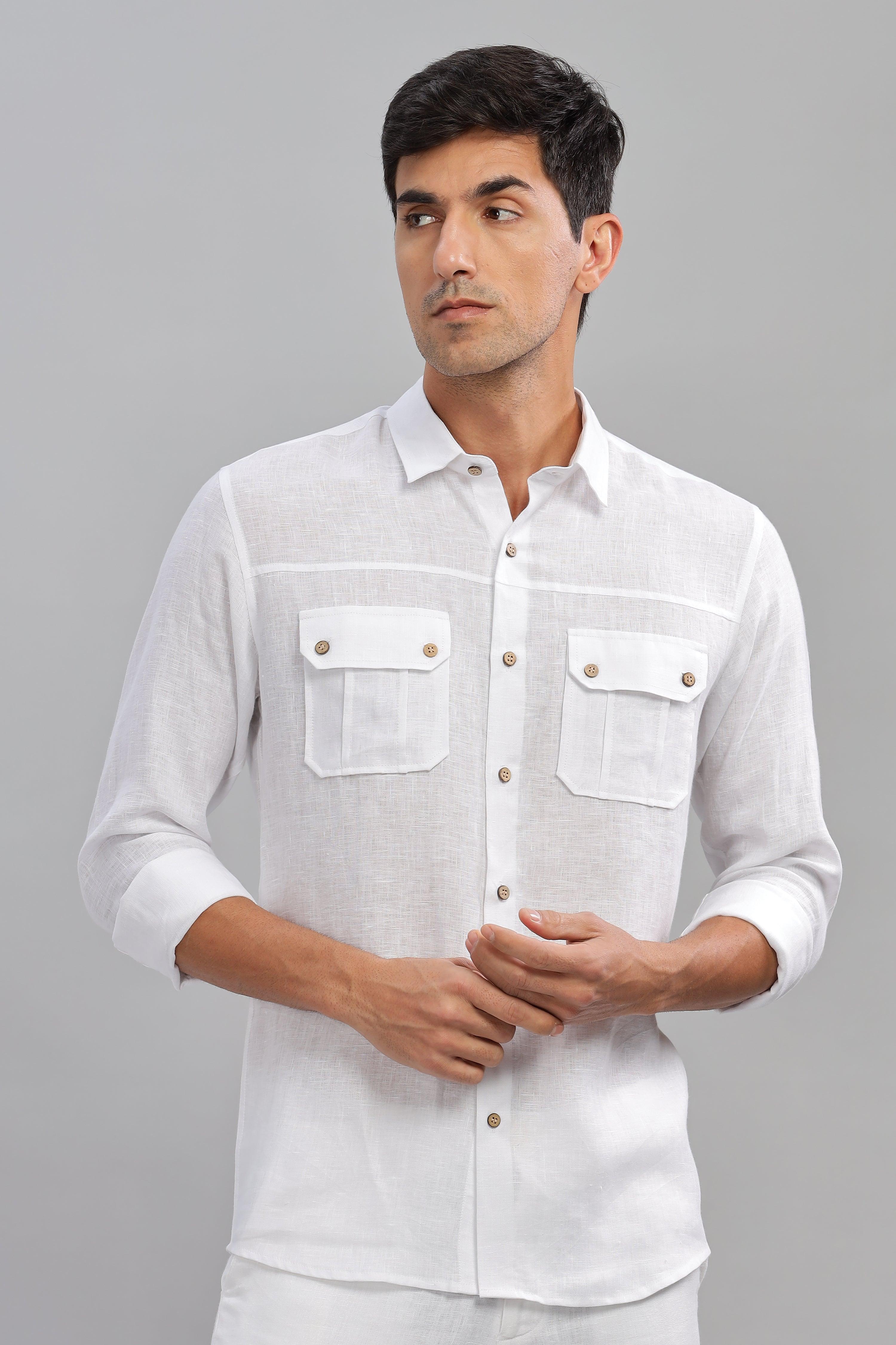 KARL - The Rugged Gentleman Pure Linen Double Pocket White Shirt