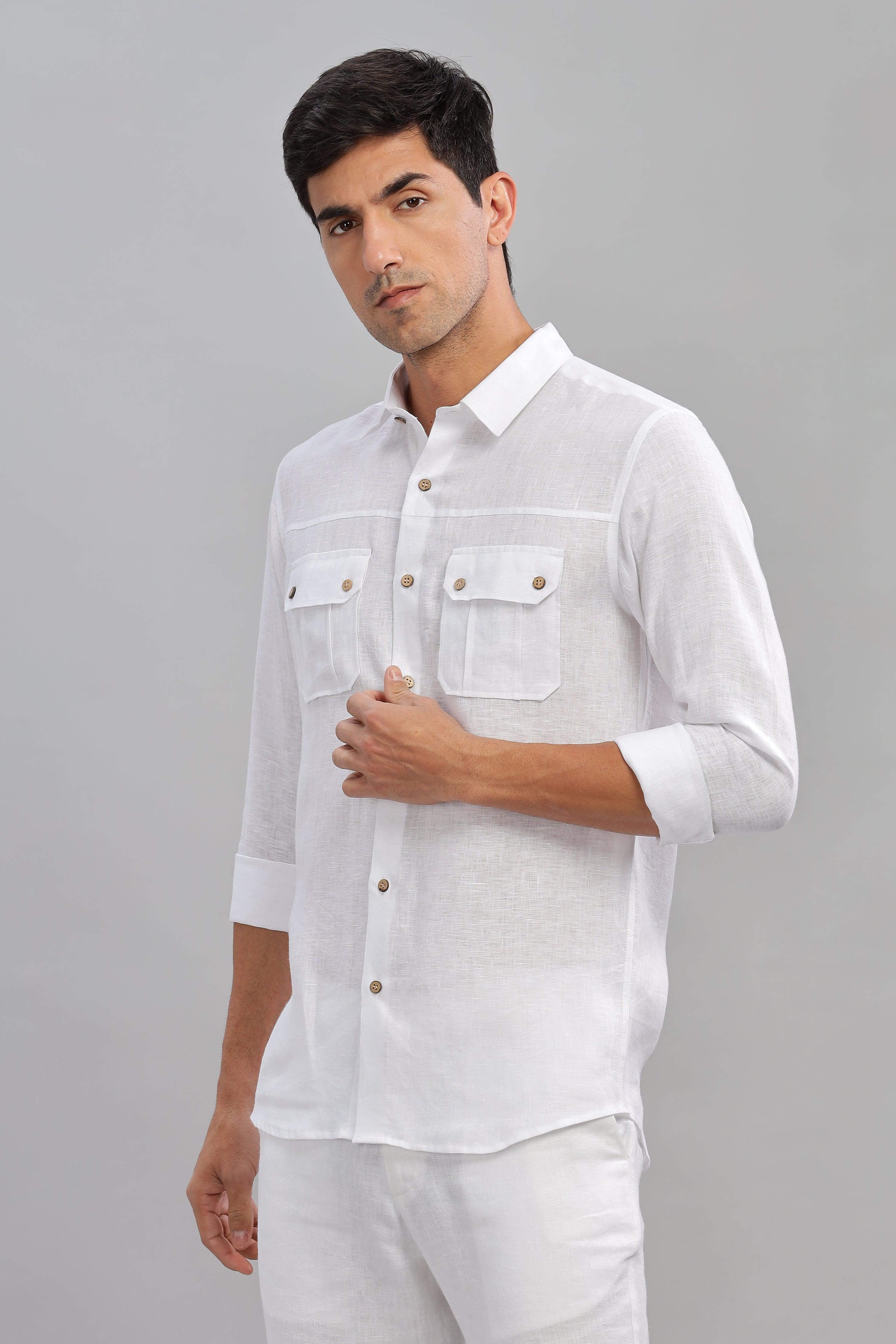 KARL - The Rugged Gentleman Pure Linen Double Pocket White Shirt