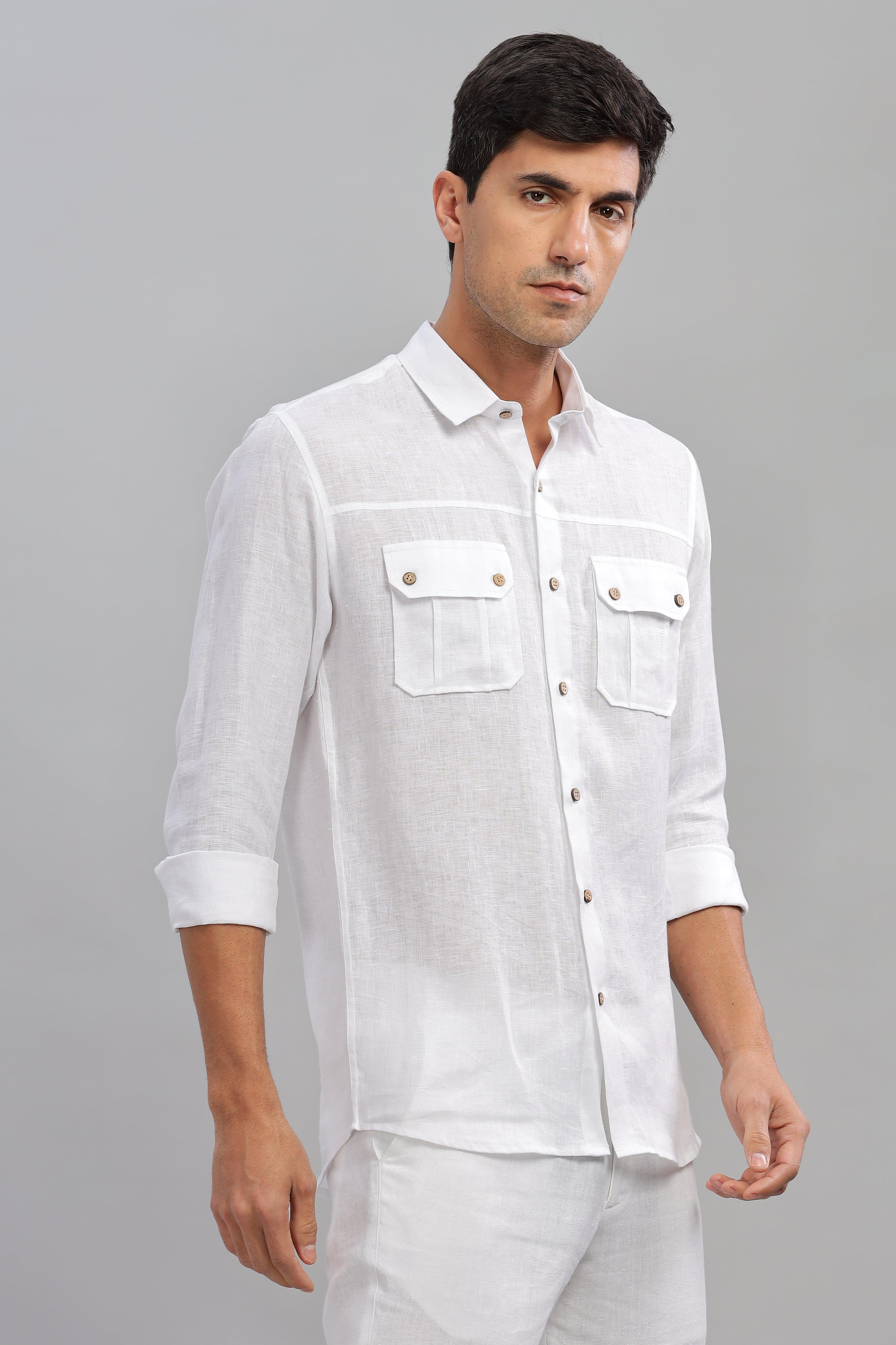 KARL - The Rugged Gentleman Pure Linen Double Pocket White Shirt