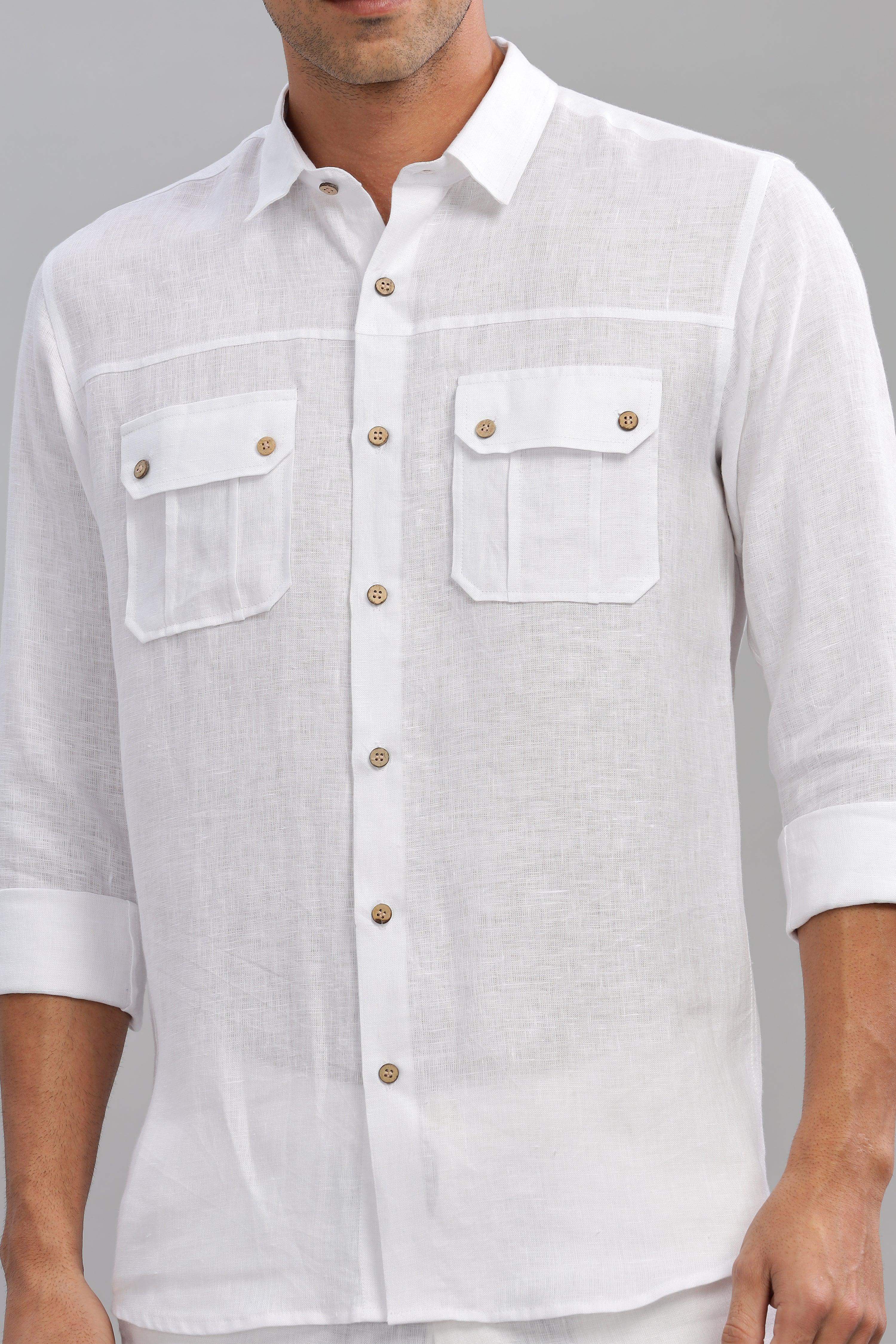KARL - The Rugged Gentleman Pure Linen Double Pocket White Shirt