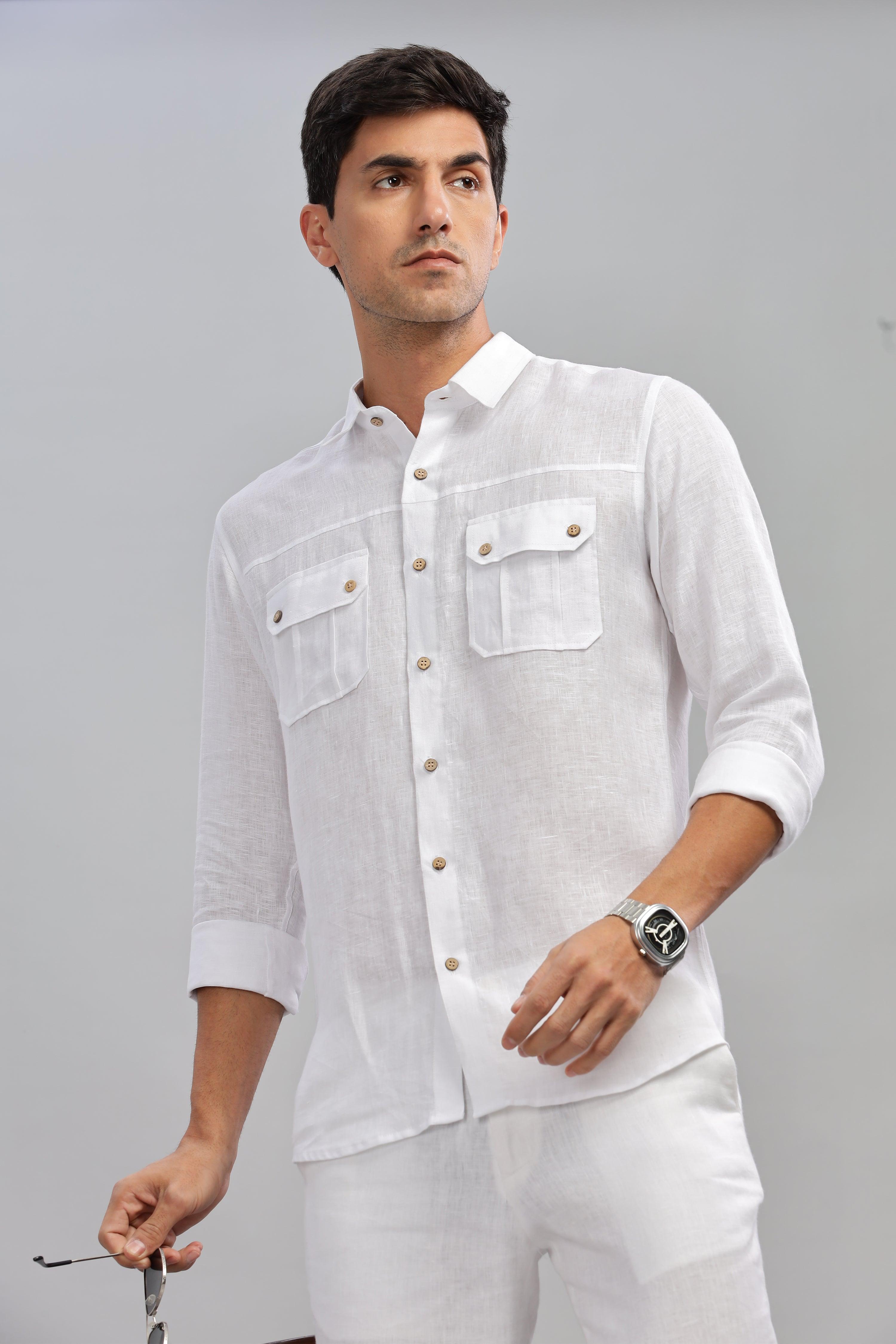 KARL - The Rugged Gentleman Pure Linen Double Pocket White Shirt