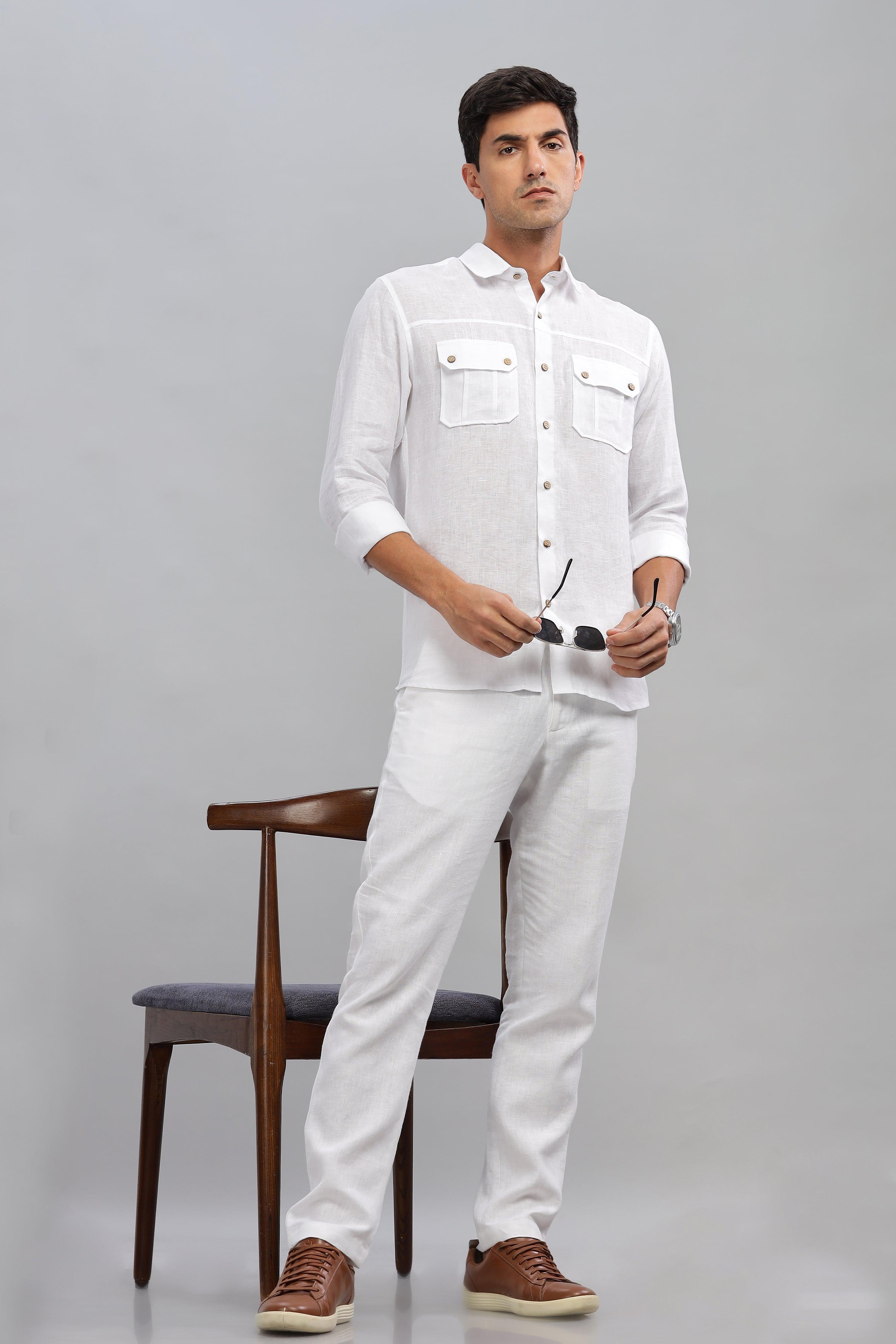 KARL - The Rugged Gentleman Pure Linen Double Pocket White Shirt