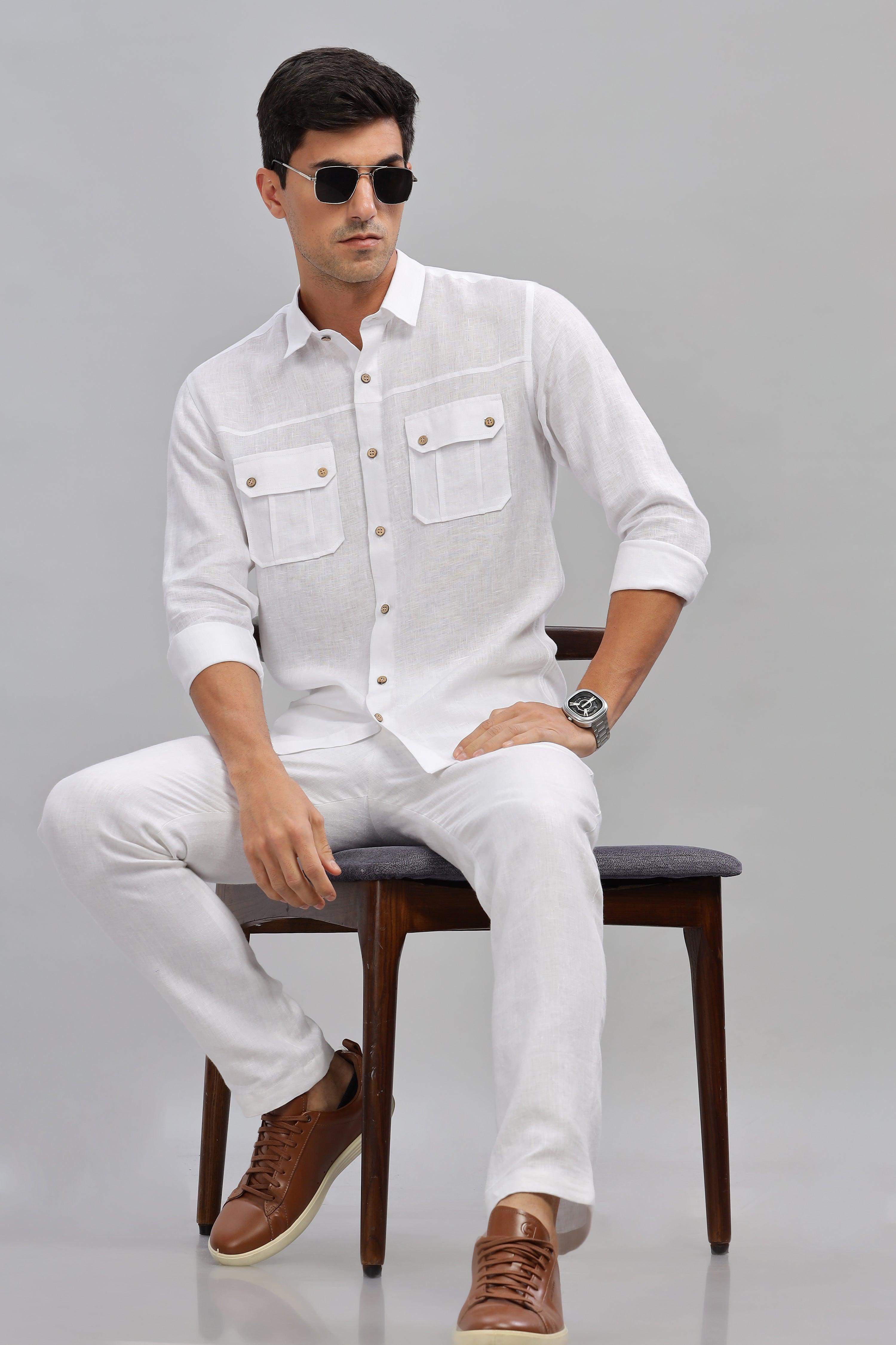 KARL - The Rugged Gentleman Pure Linen Double Pocket White Shirt