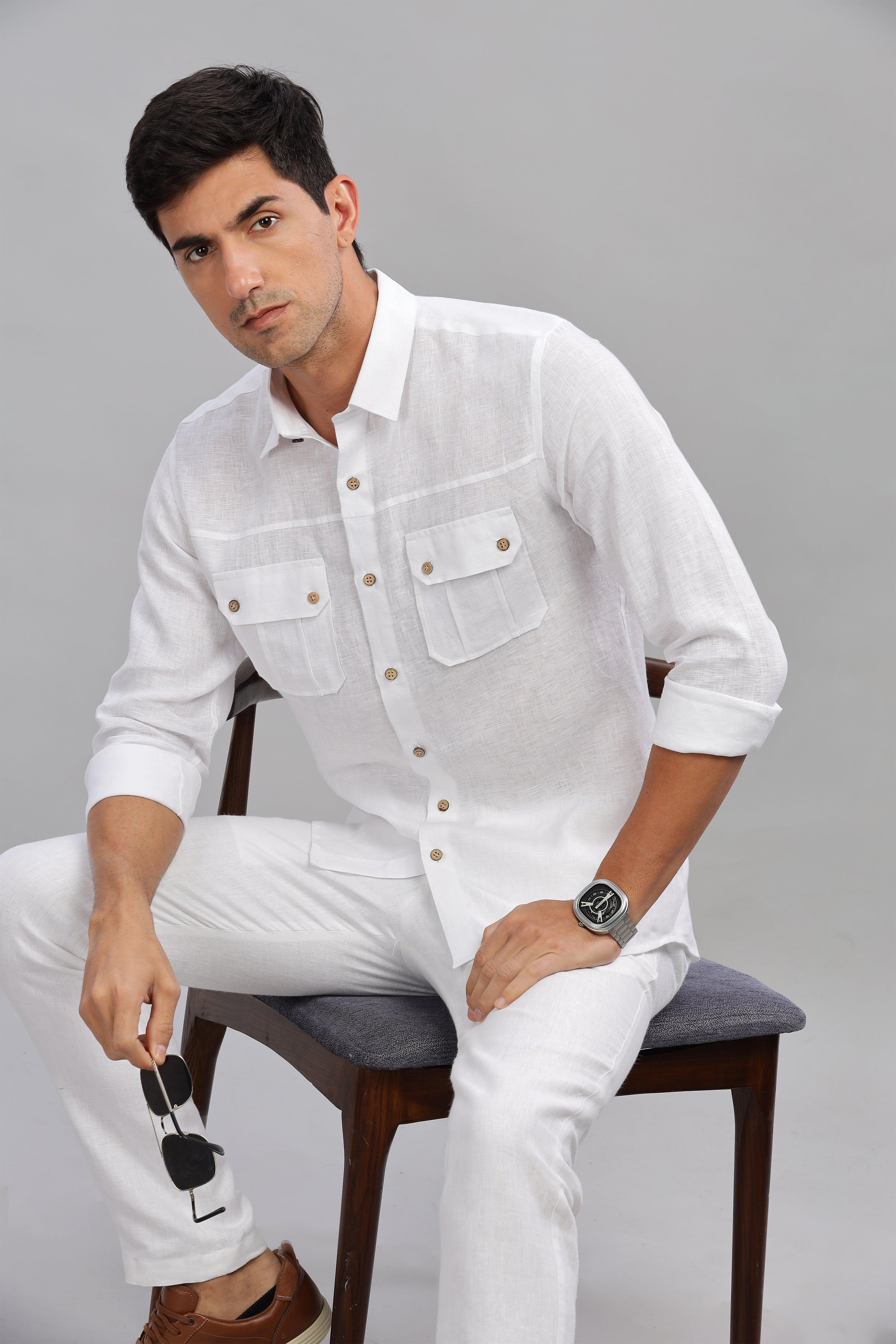KARL - The Rugged Gentleman Pure Linen Double Pocket White Shirt