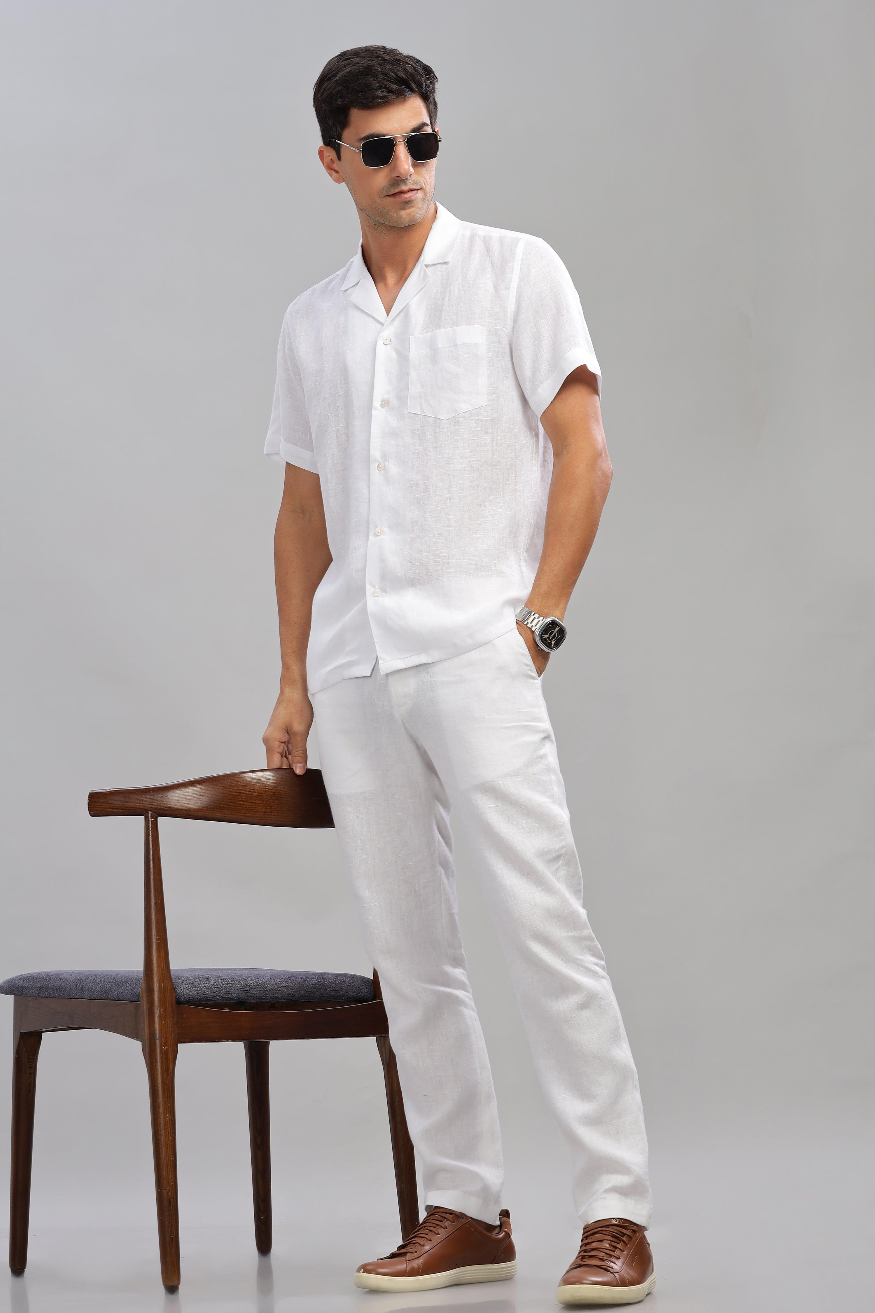 KANE - 100% Pure Linen Cuban Collar White Shirt