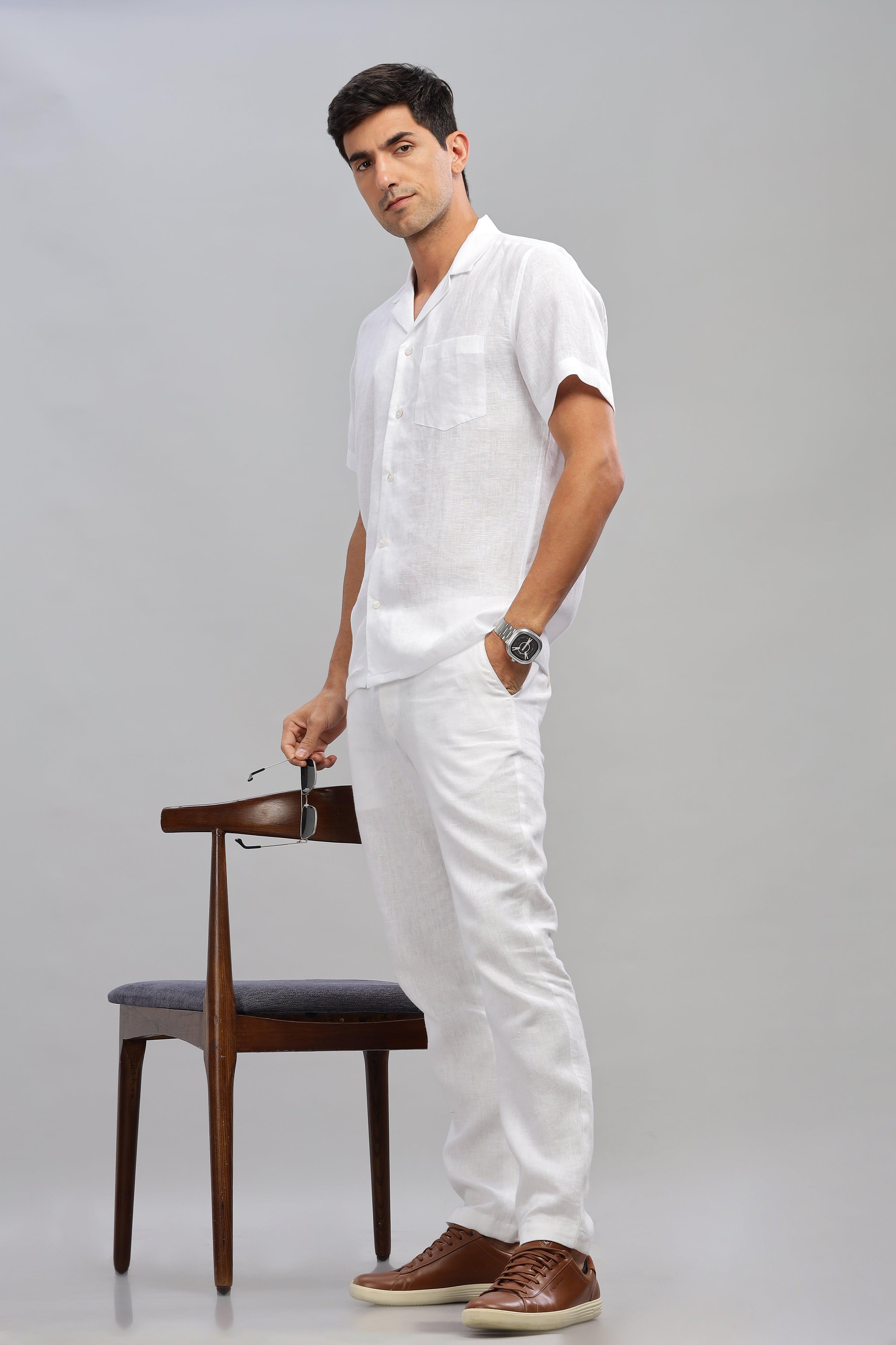 KANE - 100% Pure Linen Cuban Collar White Shirt