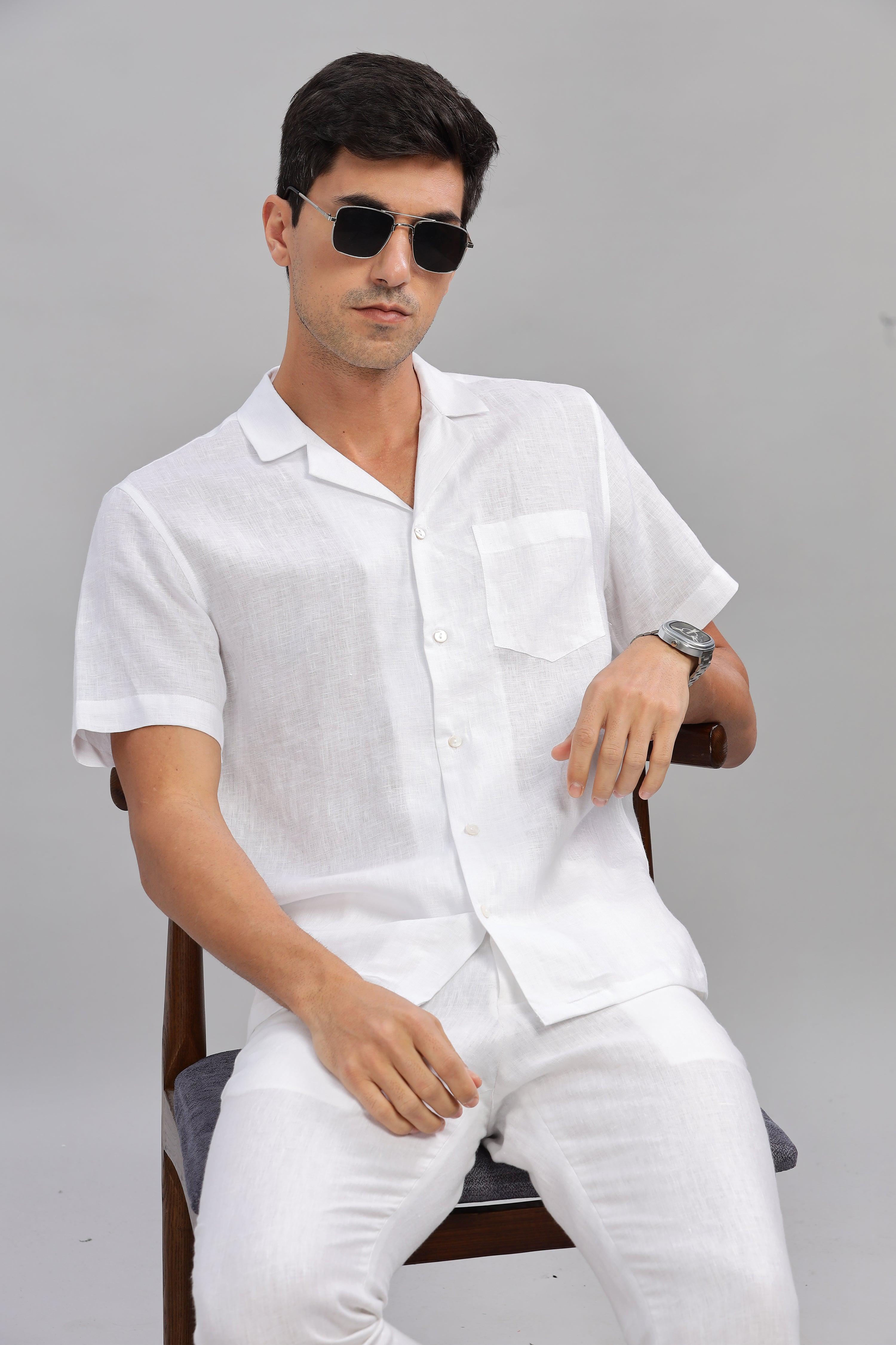 KANE - 100% Pure Linen Cuban Collar White Shirt