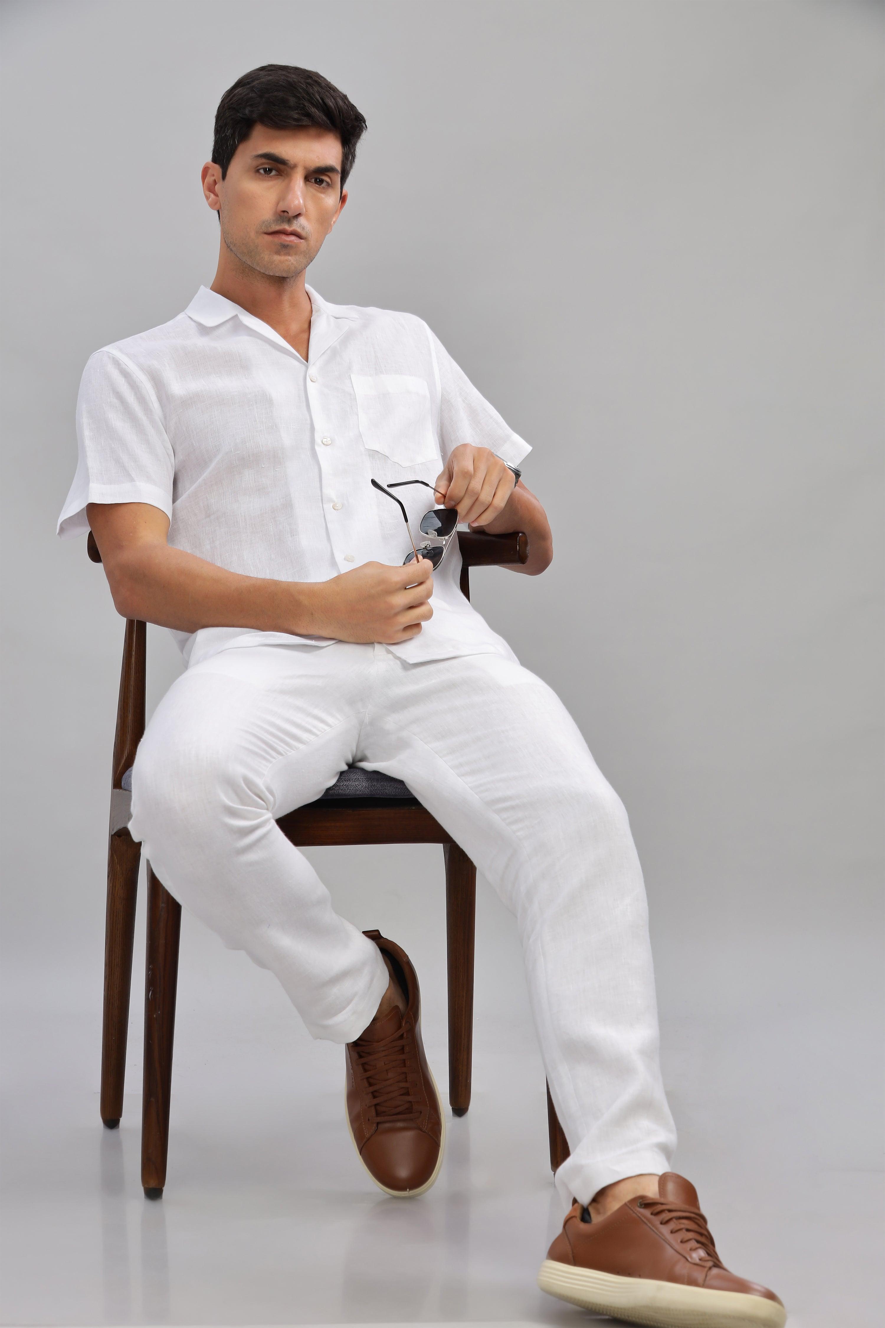 KANE - 100% Pure Linen Cuban Collar White Shirt