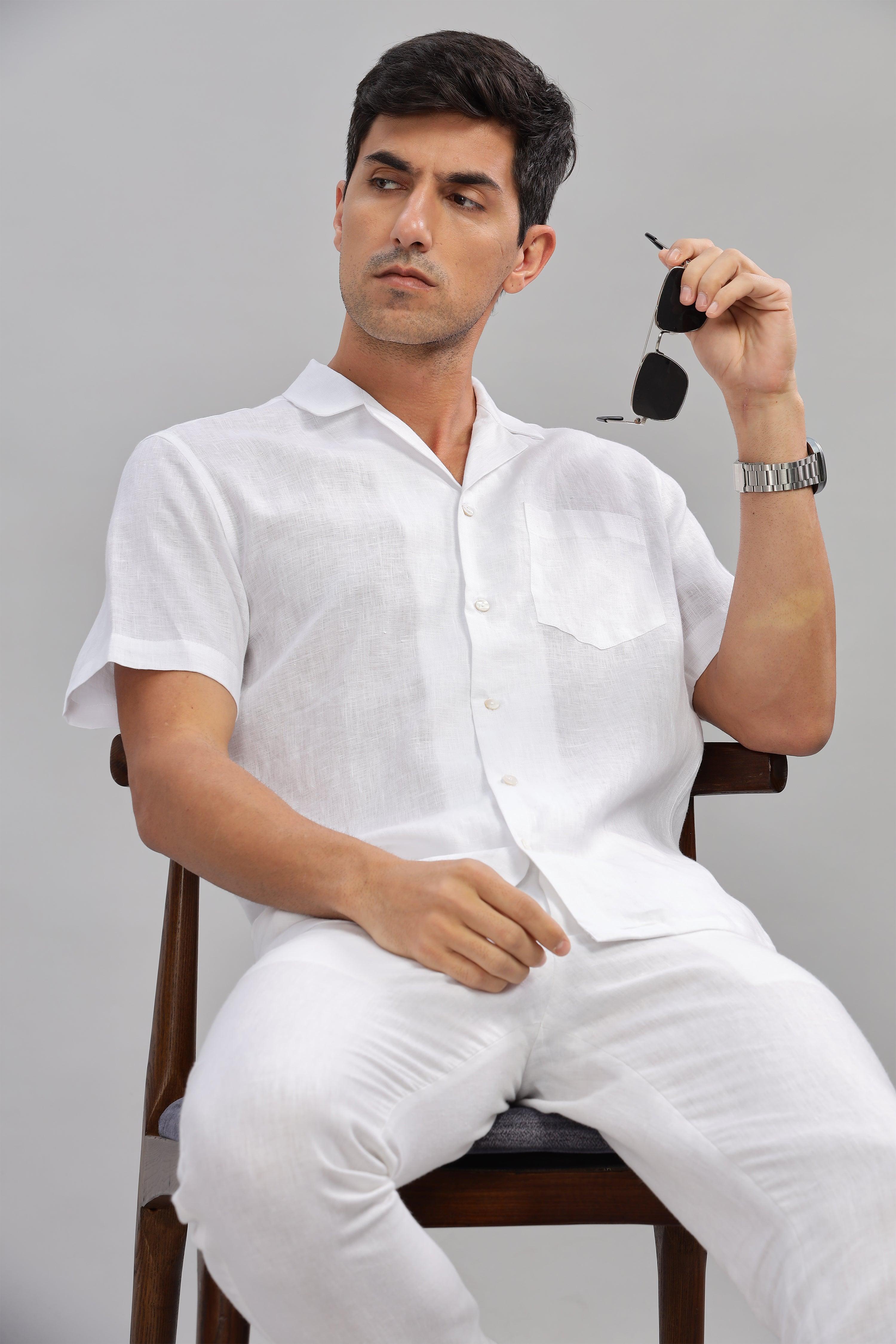 KANE - 100% Pure Linen Cuban Collar White Shirt