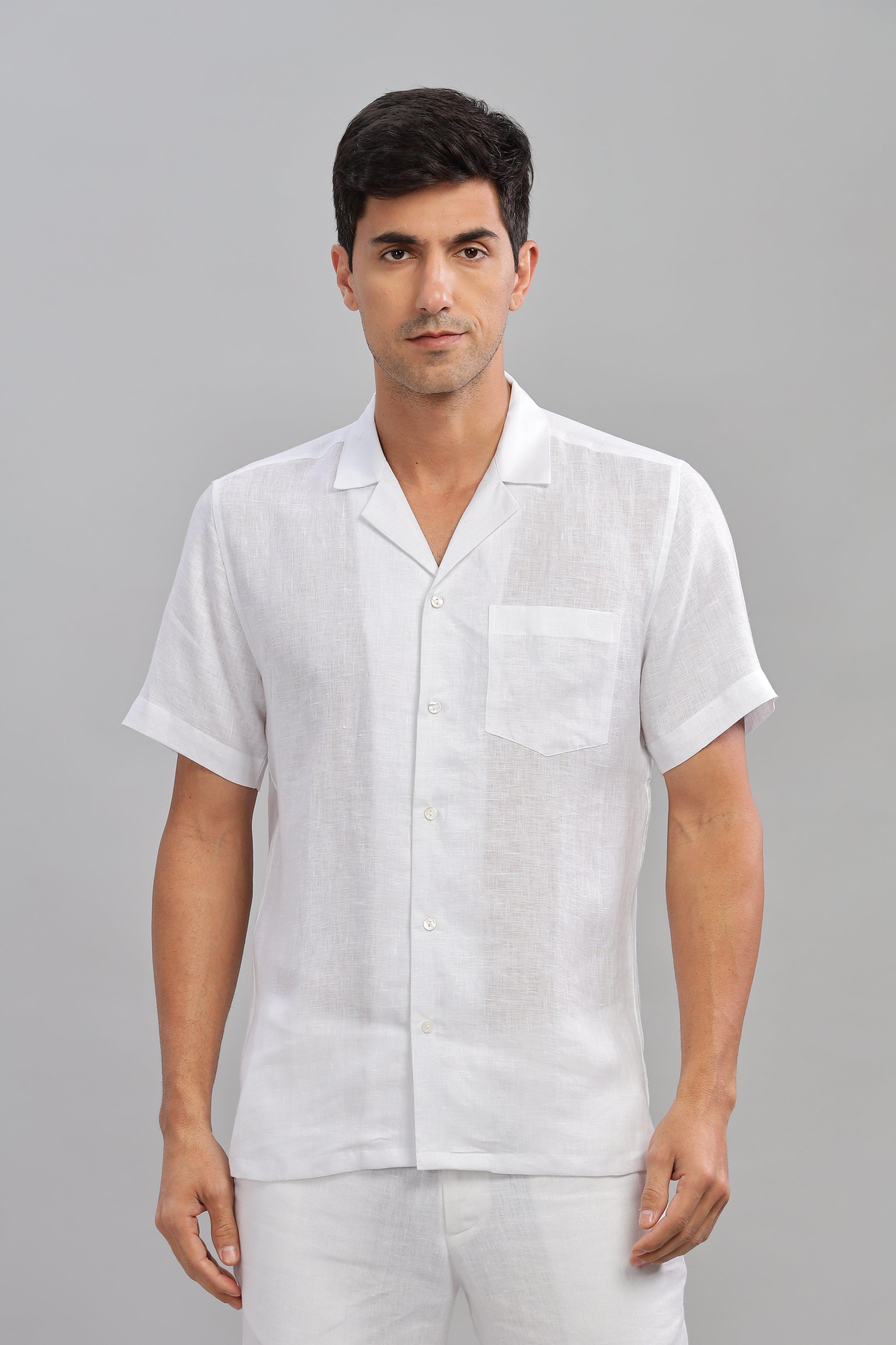 KANE - 100% Pure Linen Cuban Collar White Shirt