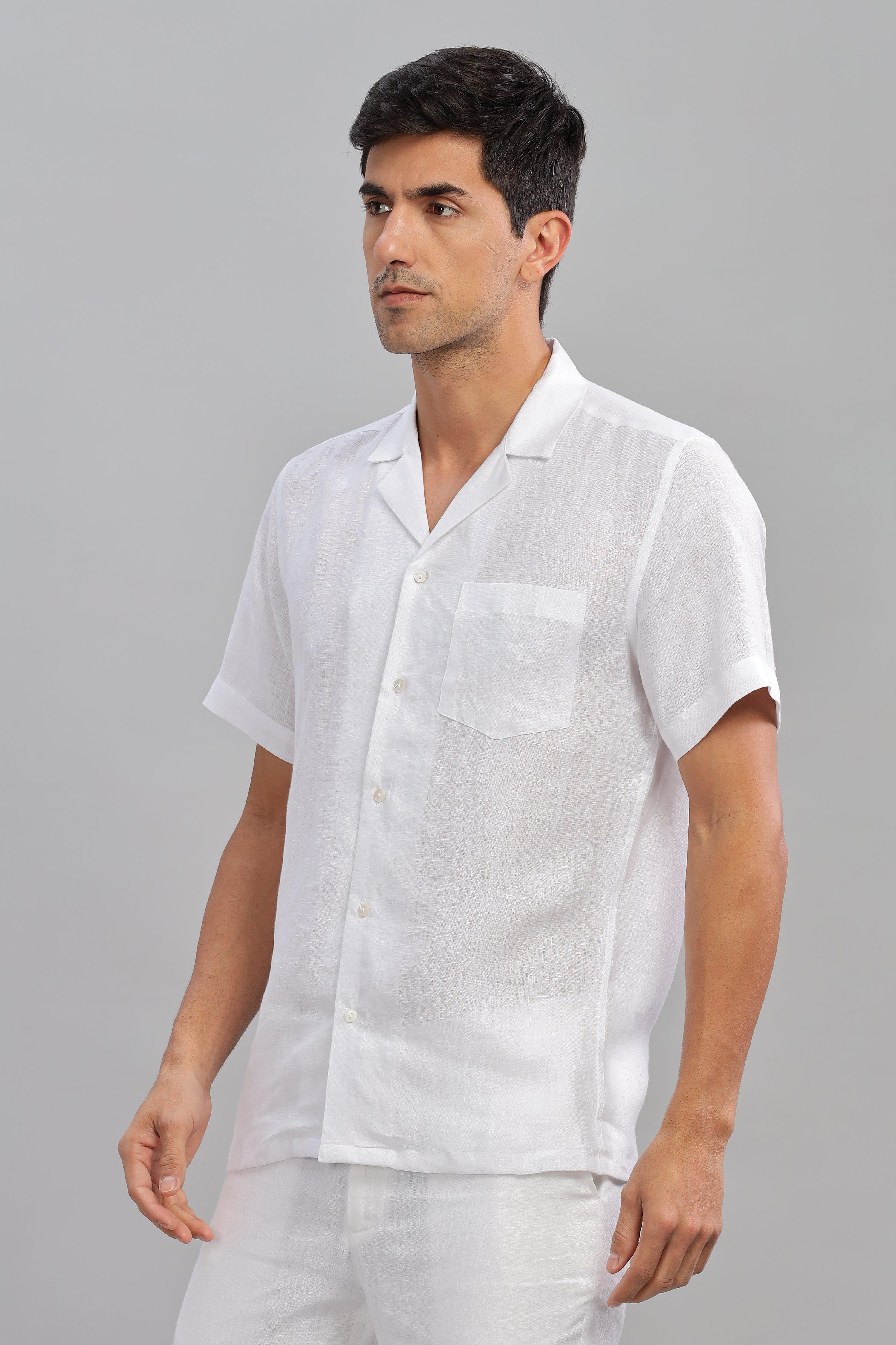 KANE - 100% Pure Linen Cuban Collar White Shirt