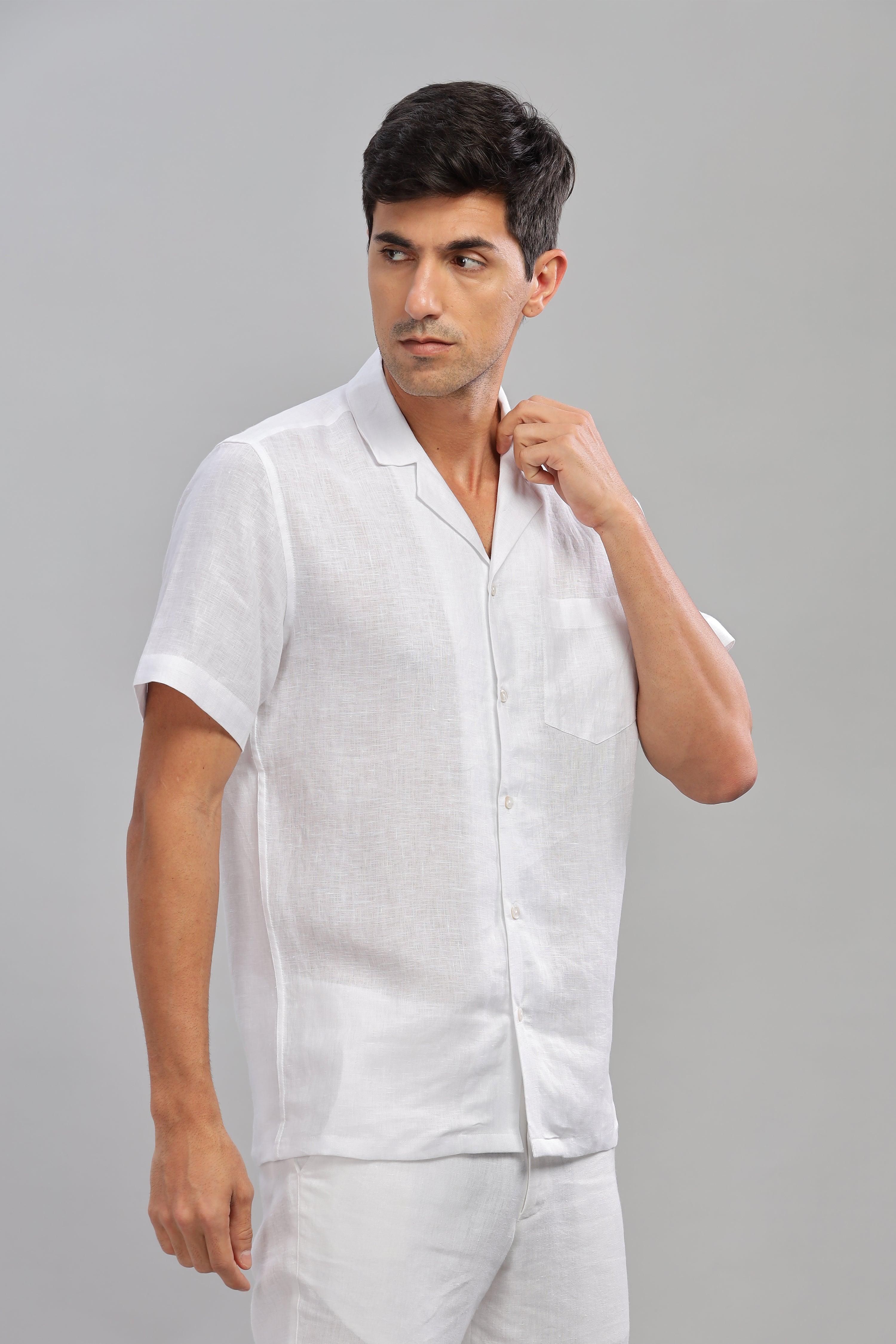 KANE - 100% Pure Linen Cuban Collar White Shirt