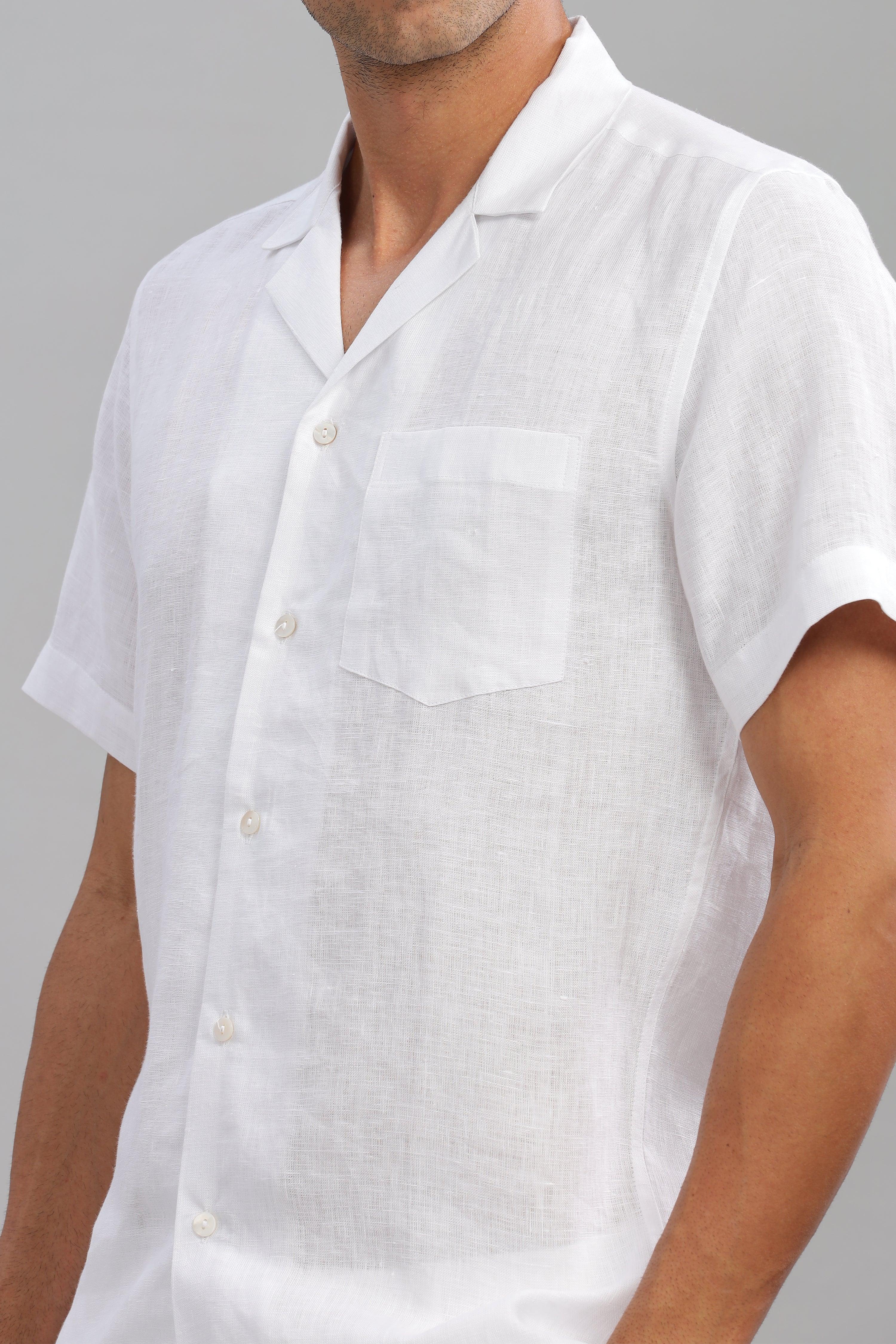 KANE - 100% Pure Linen Cuban Collar White Shirt