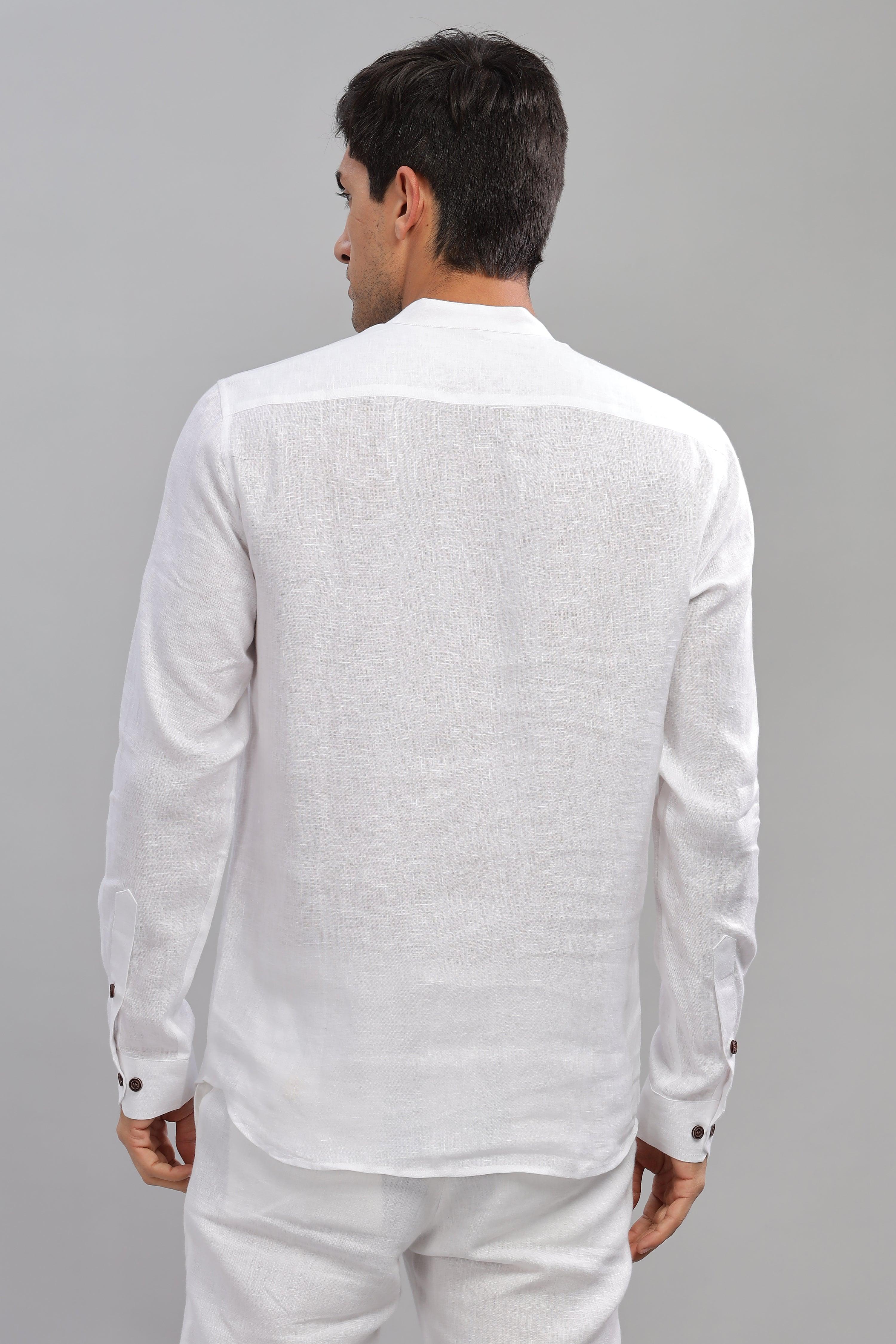 NILE Long Sleeves - 100% Pure Linen Half Placket White Shirt
