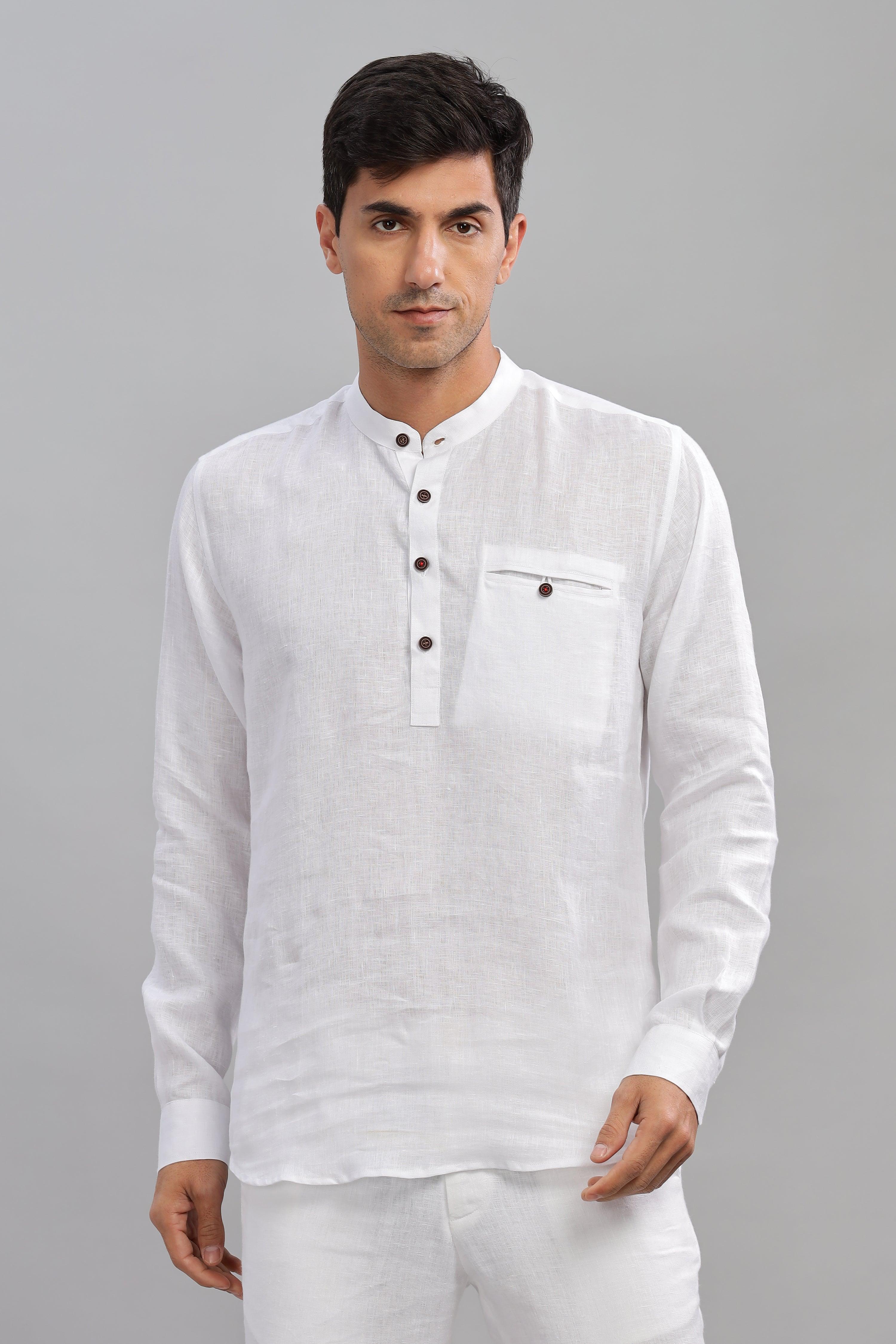 NILE Long Sleeves - 100% Pure Linen Half Placket White Shirt
