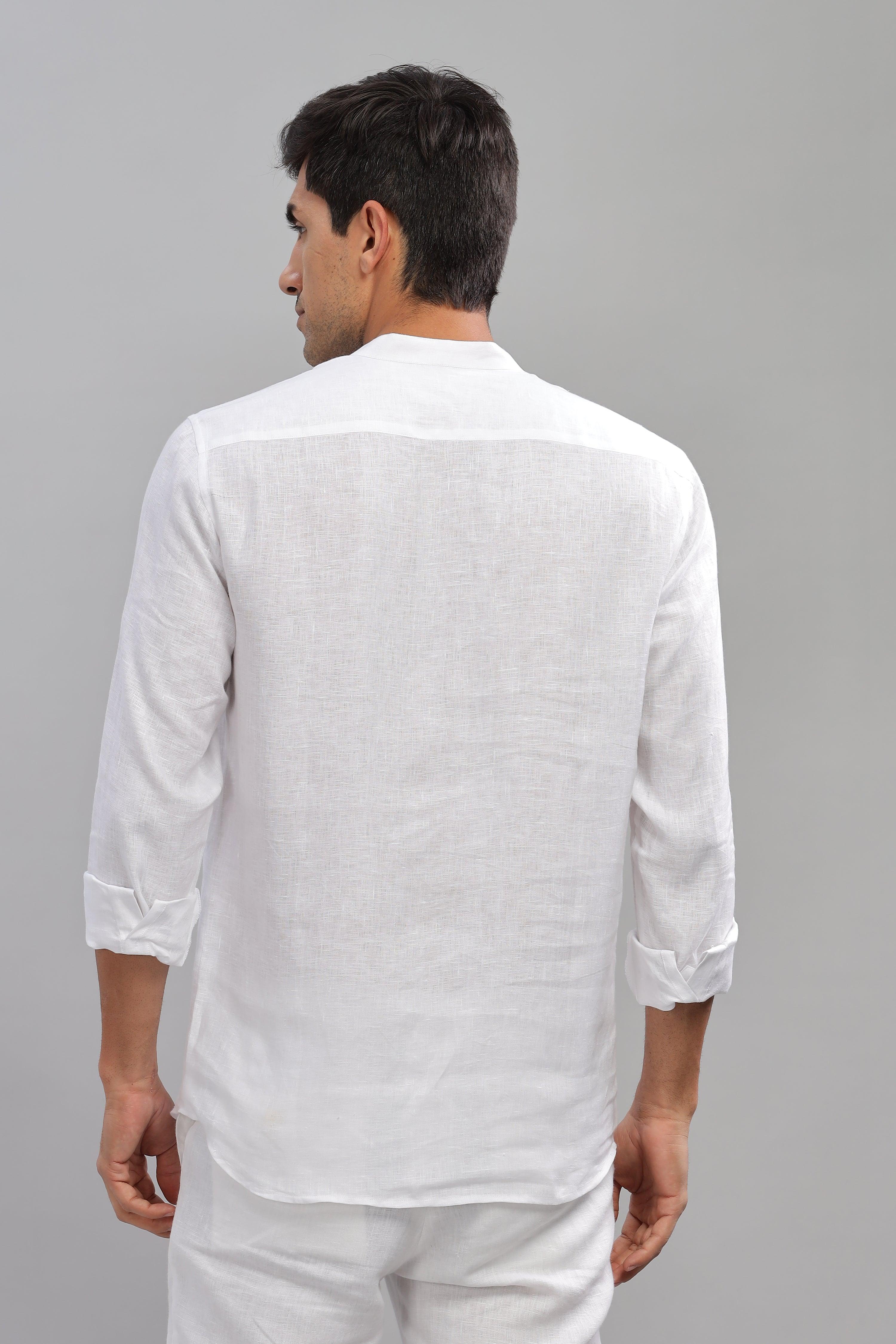 NILE Long Sleeves - 100% Pure Linen Half Placket White Shirt