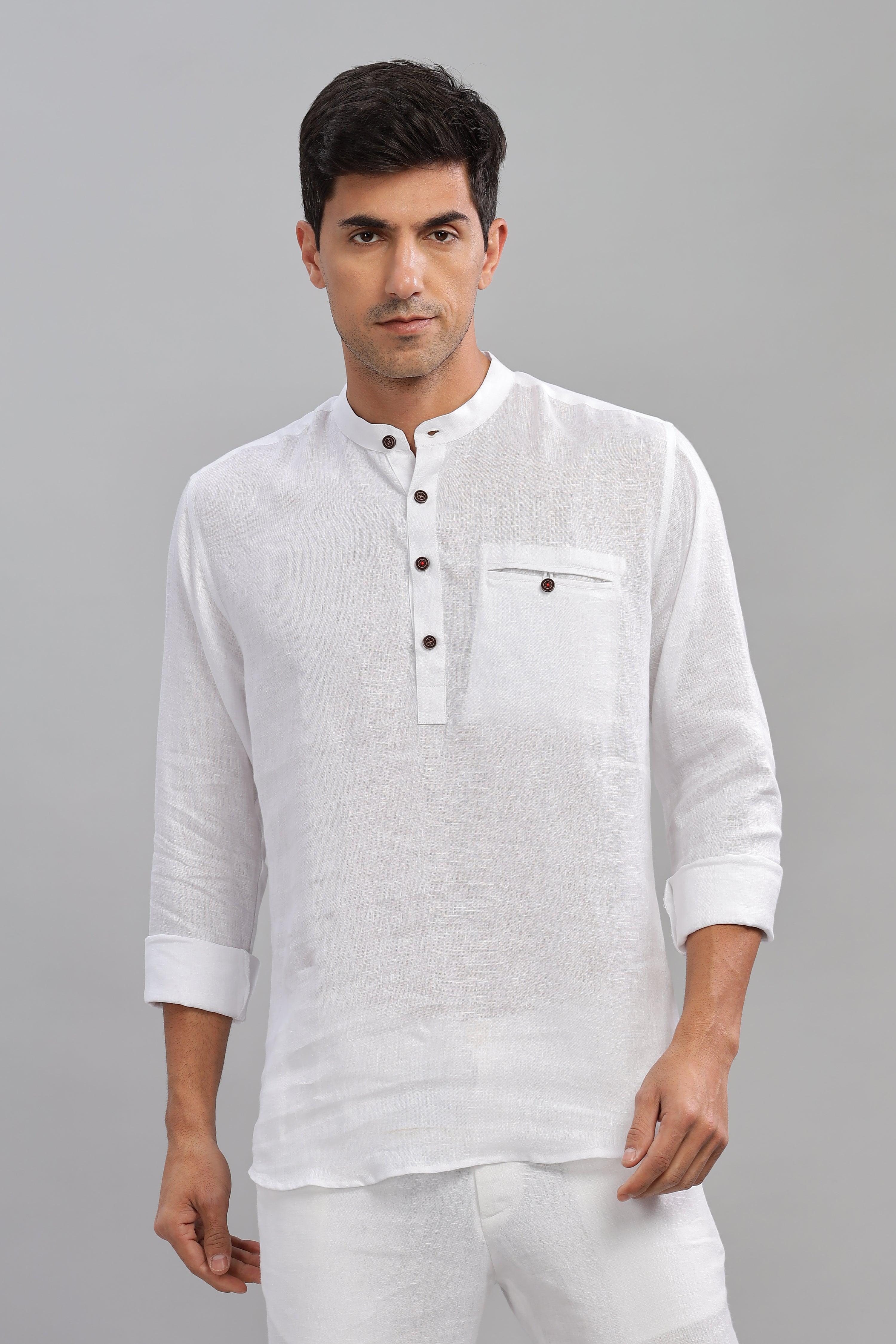 NILE Long Sleeves - 100% Pure Linen Half Placket White Shirt
