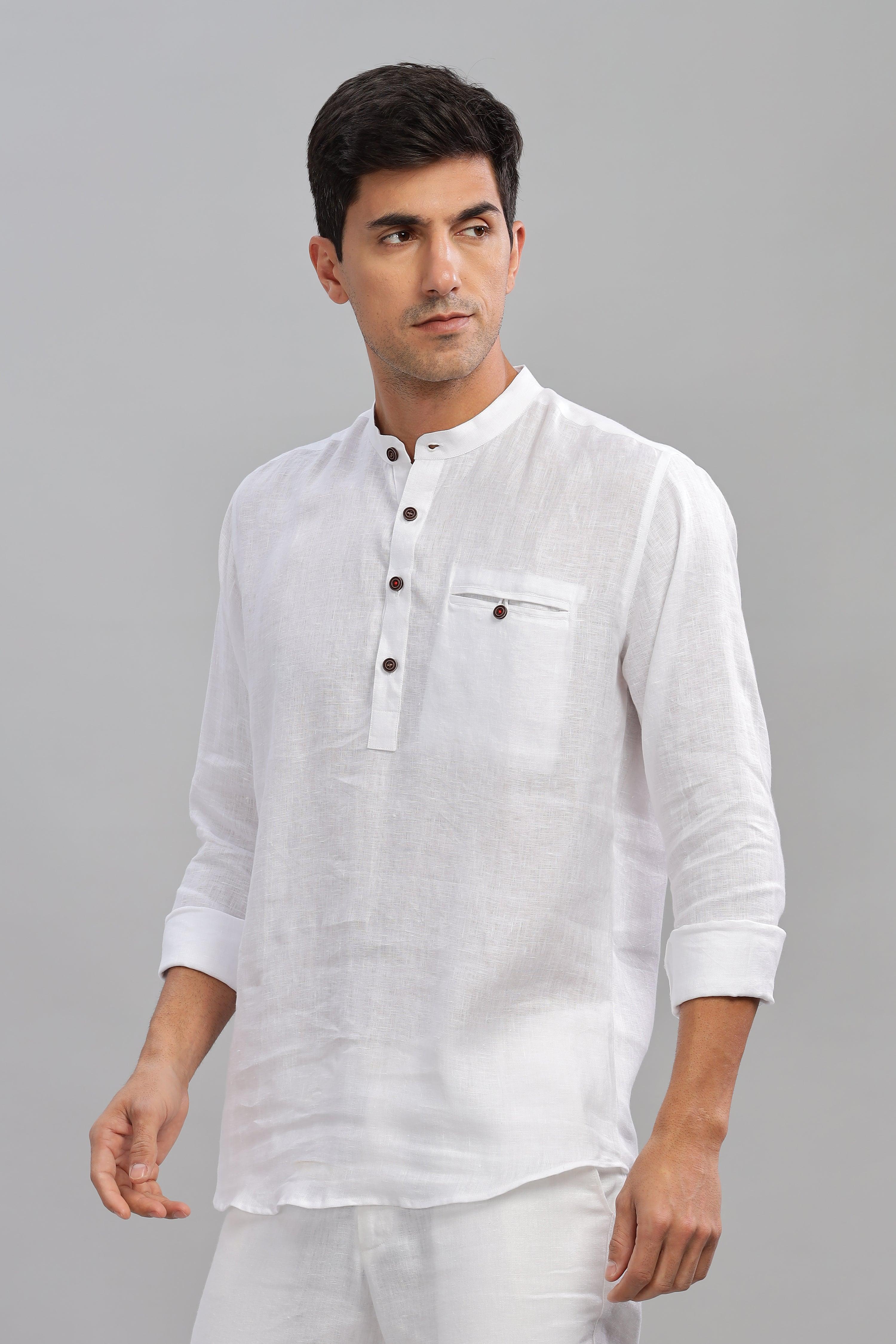 NILE Long Sleeves - 100% Pure Linen Half Placket White Shirt