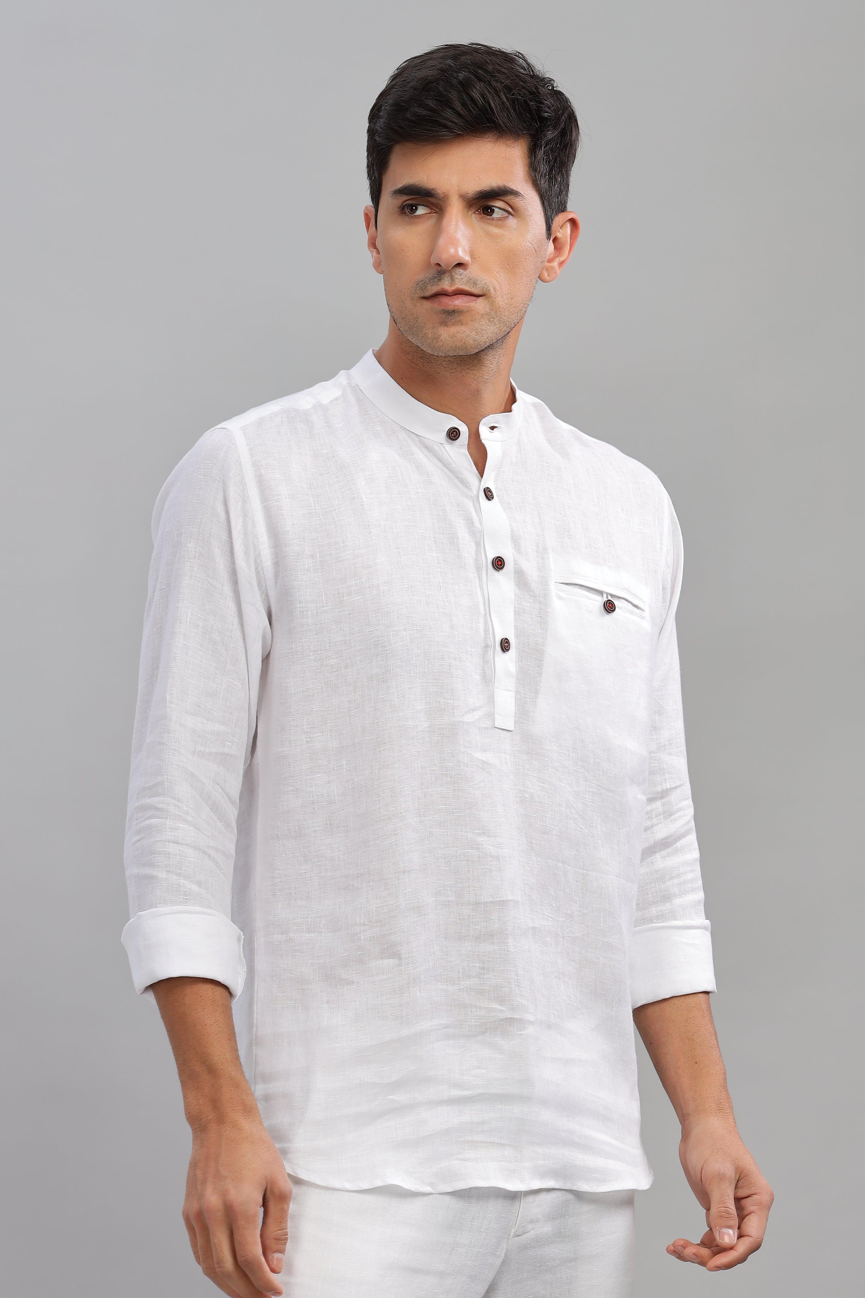 NILE Long Sleeves - 100% Pure Linen Half Placket White Shirt