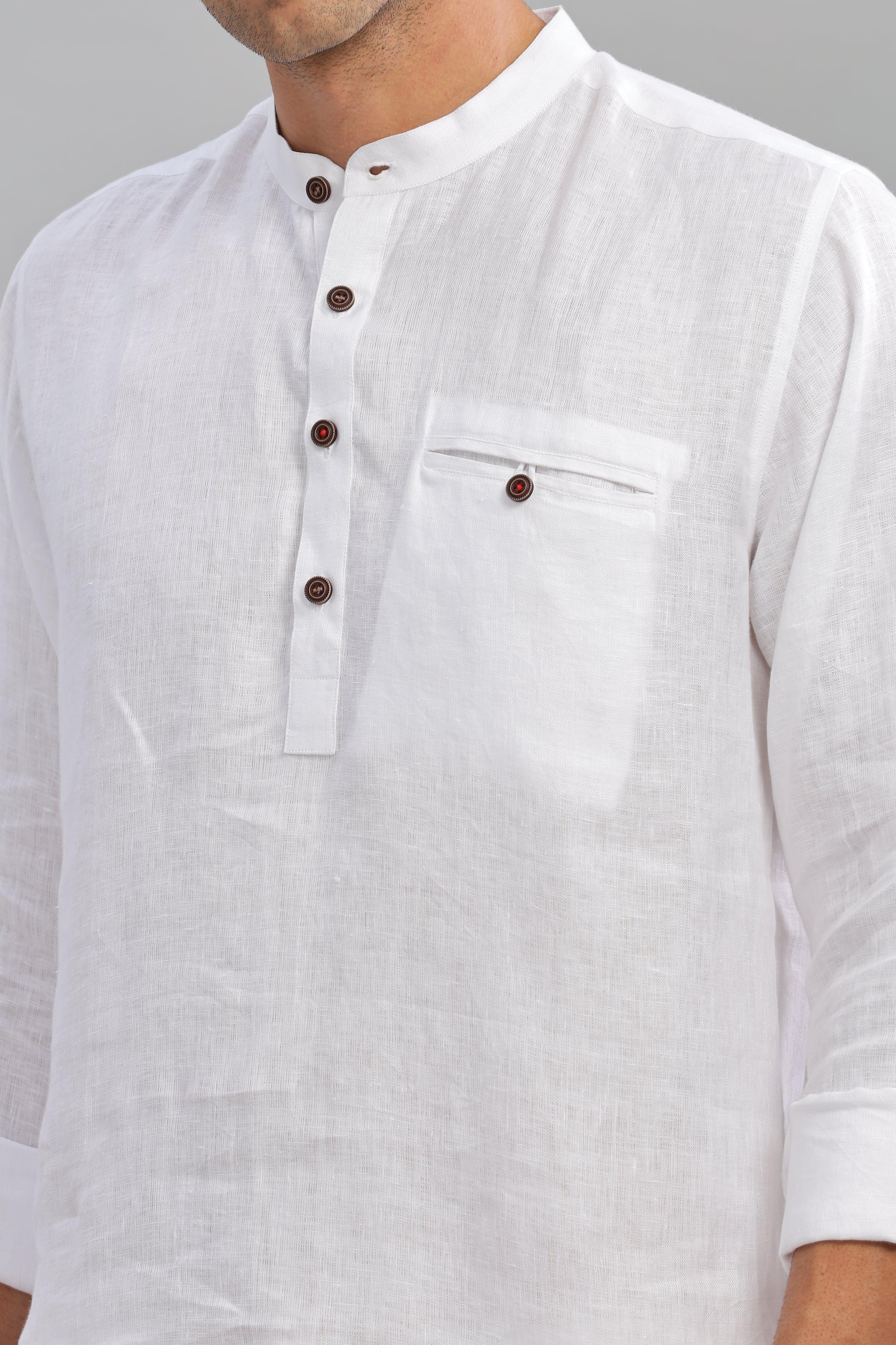 NILE Long Sleeves - 100% Pure Linen Half Placket White Shirt