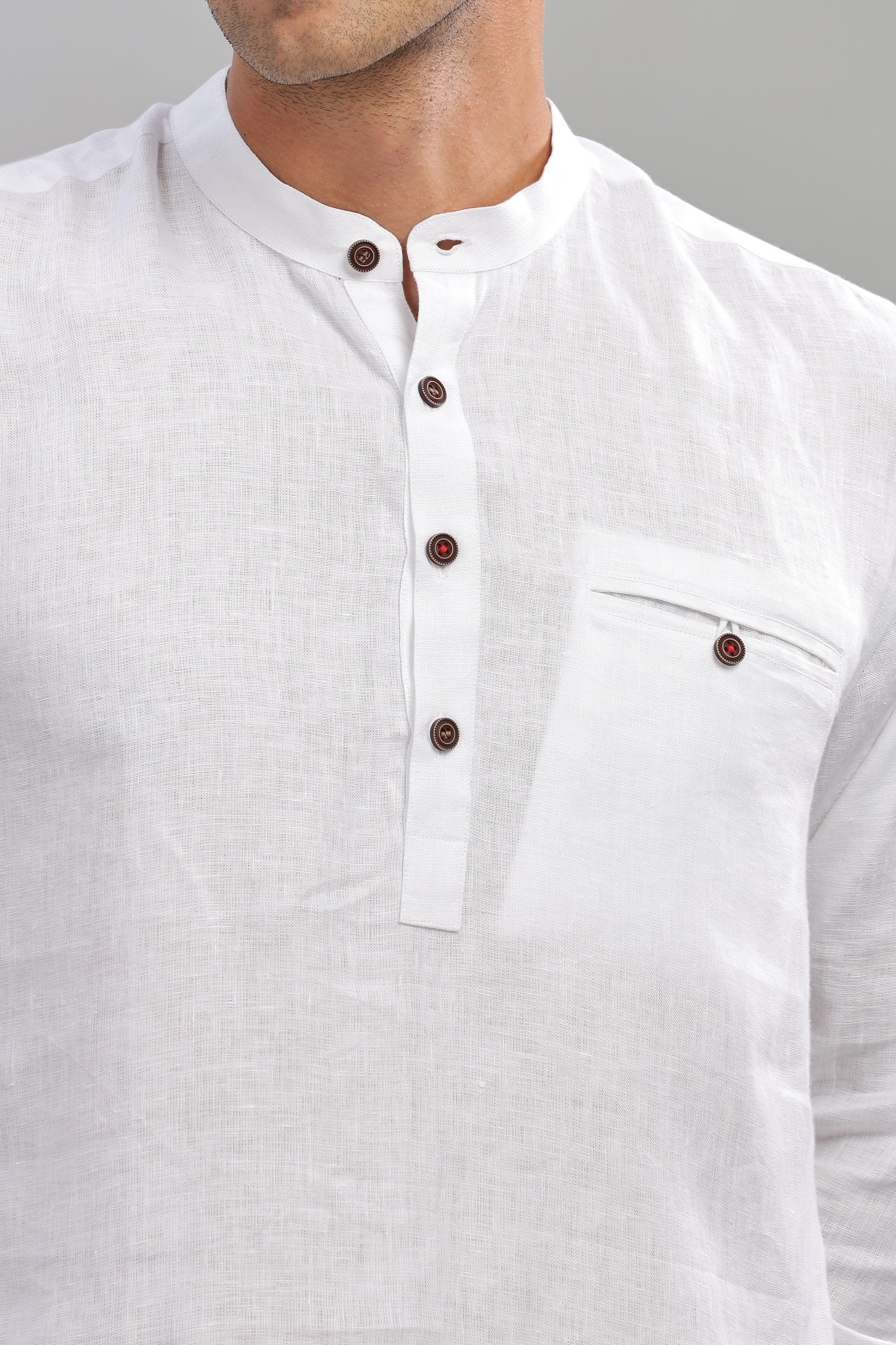 NILE Long Sleeves - 100% Pure Linen Half Placket White Shirt