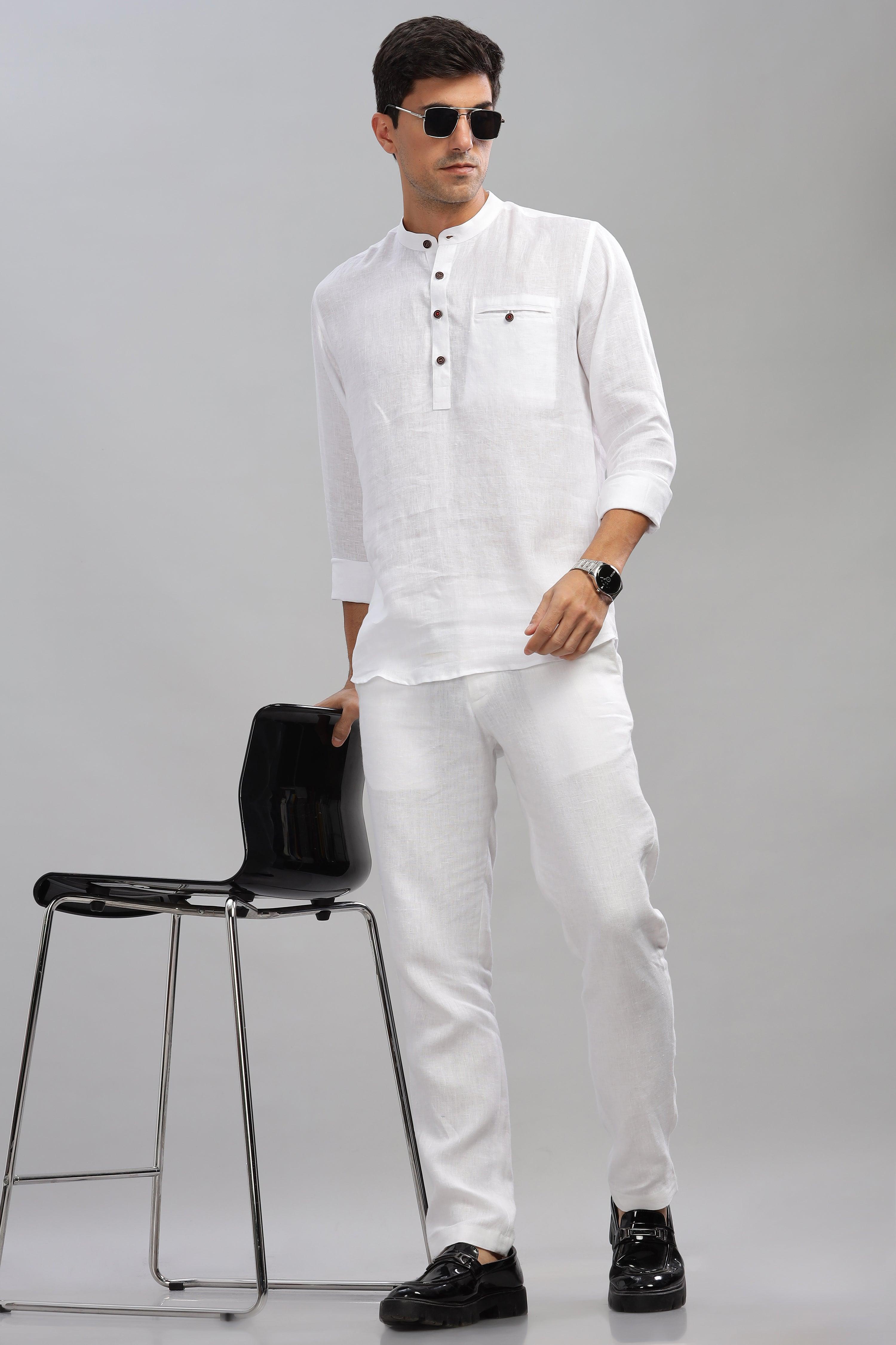 NILE Long Sleeves - 100% Pure Linen Half Placket White Shirt