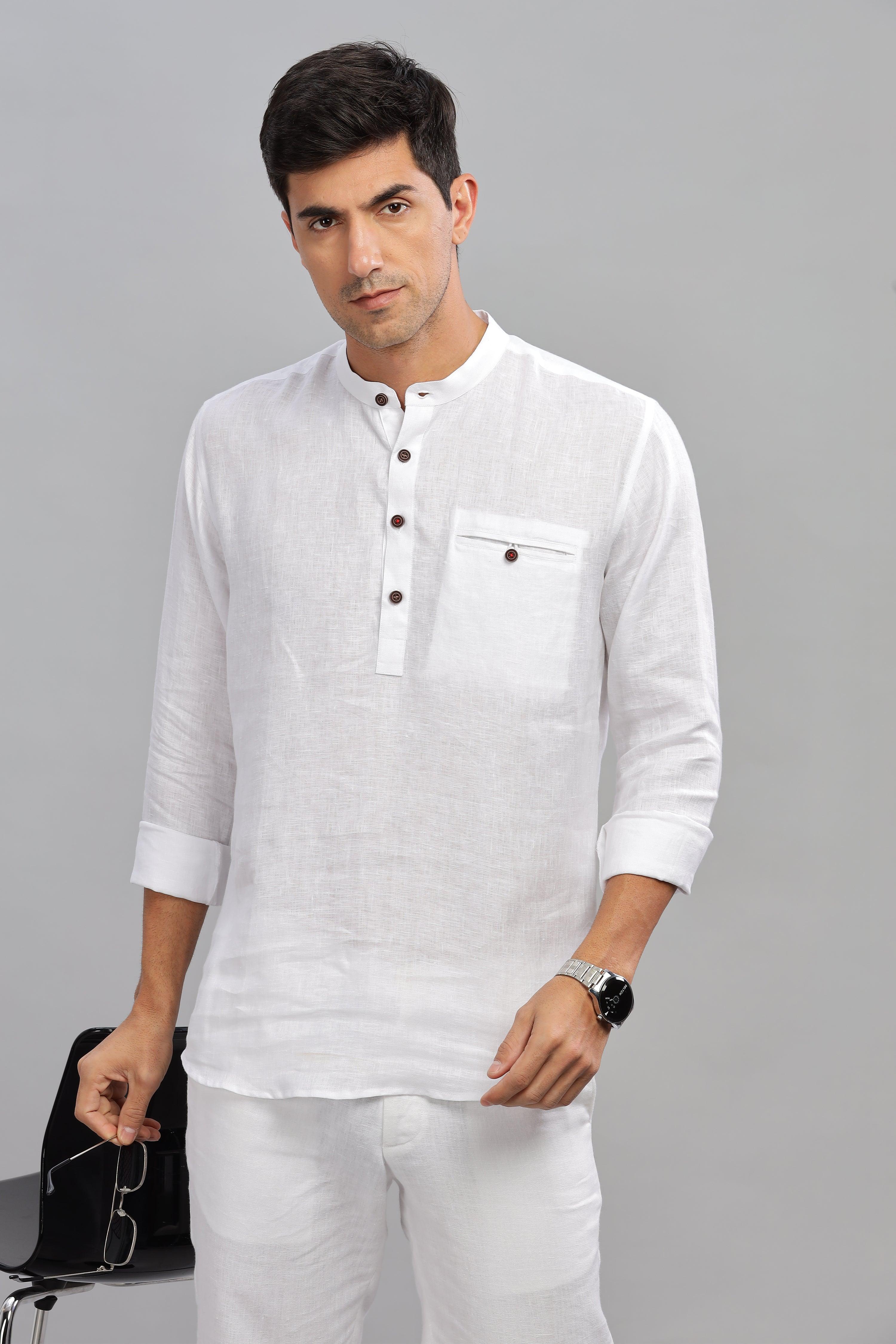 NILE Long Sleeves - 100% Pure Linen Half Placket White Shirt