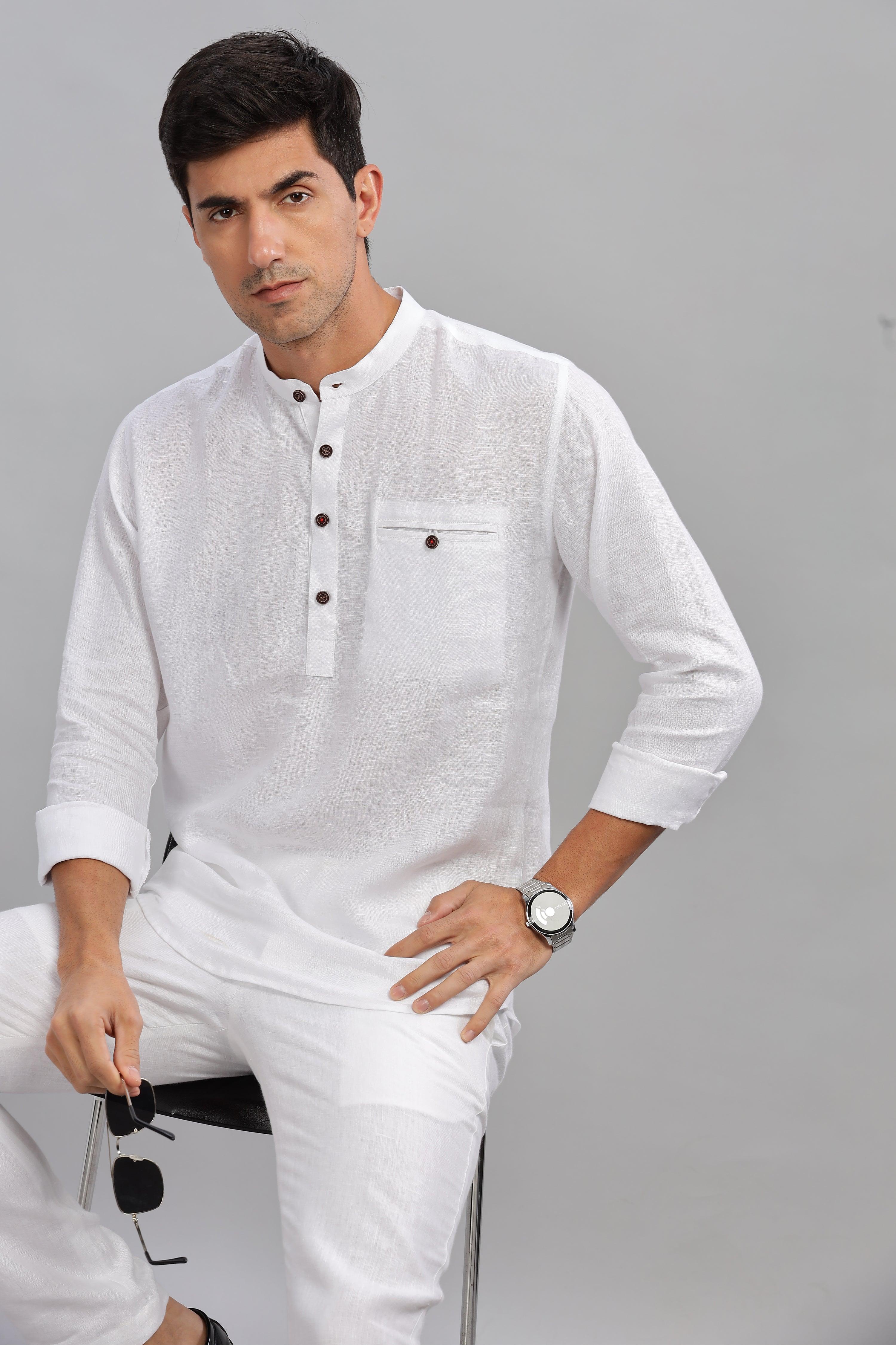 NILE Long Sleeves - 100% Pure Linen Half Placket White Shirt