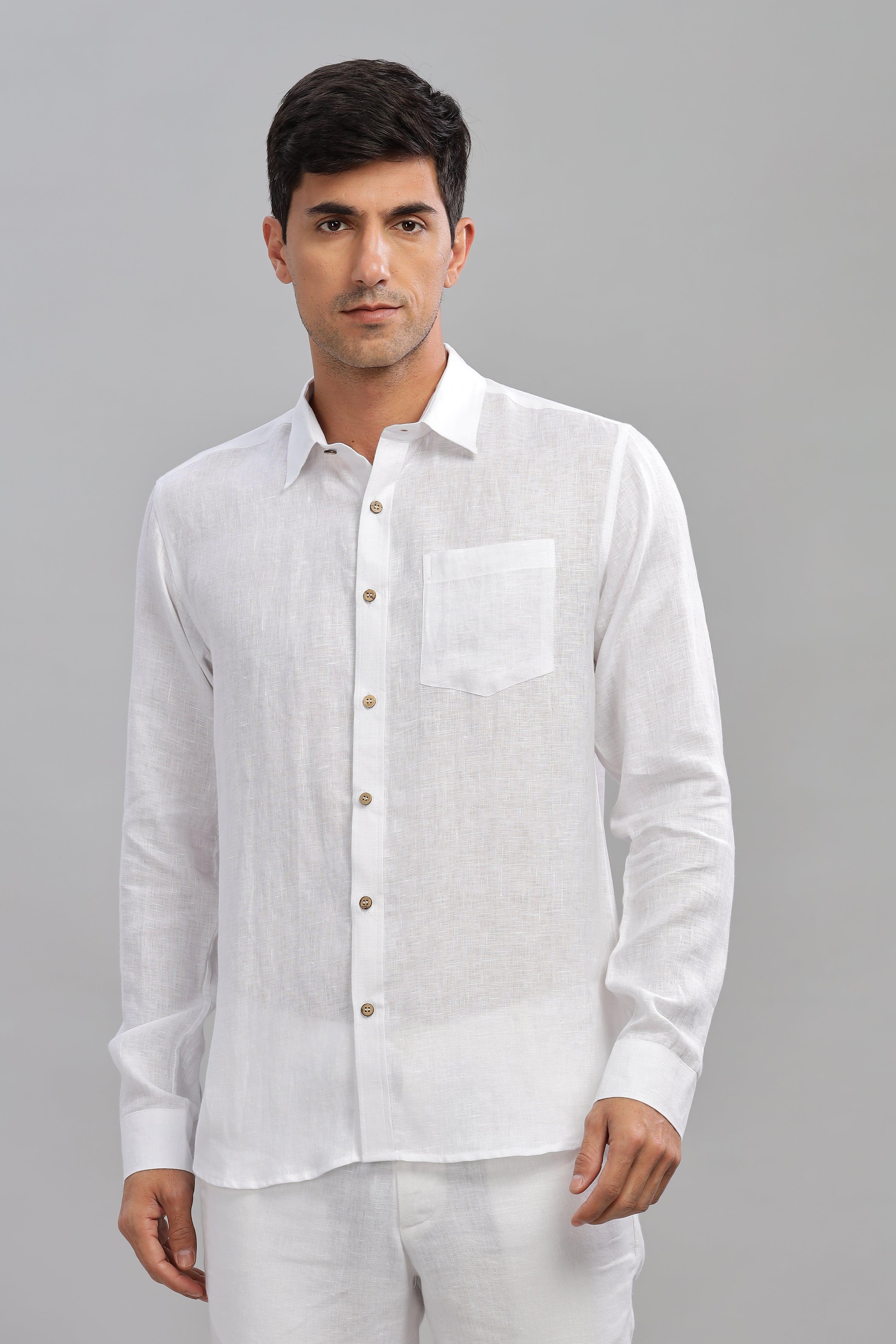 MARK Long Sleeves -100% Pure Linen Regular Collar White Shirt