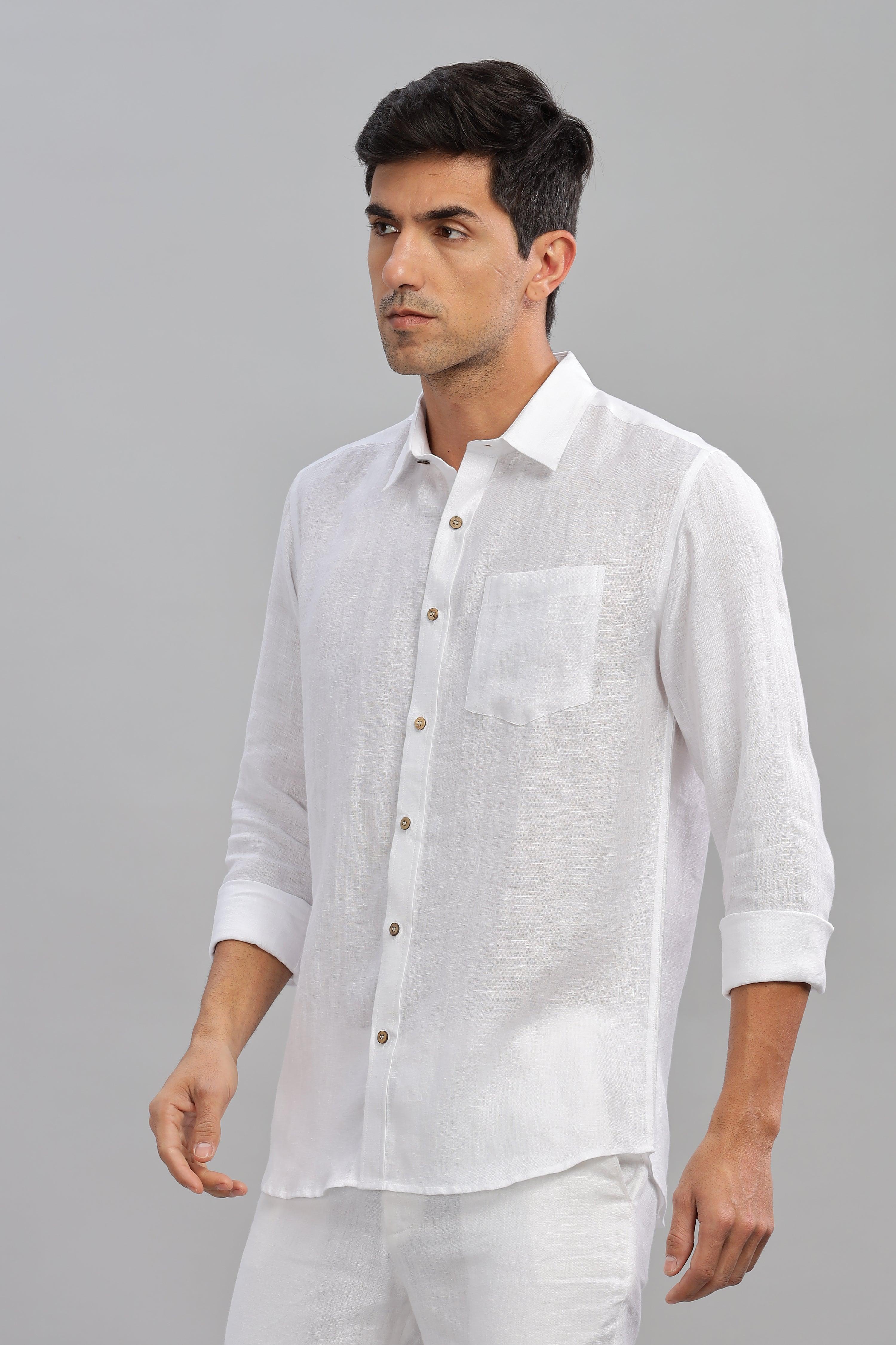 MARK Long Sleeves -100% Pure Linen Regular Collar White Shirt
