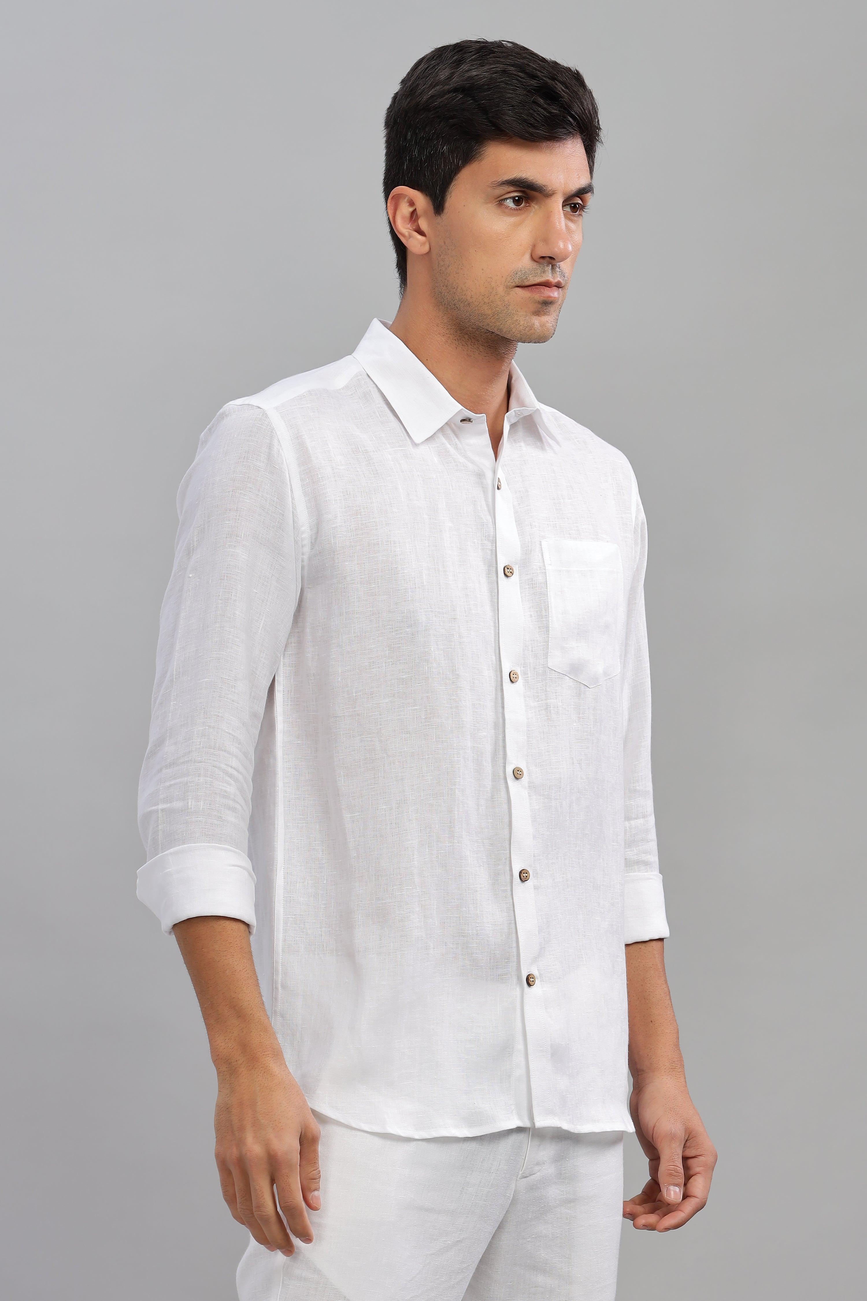 MARK Long Sleeves -100% Pure Linen Regular Collar White Shirt