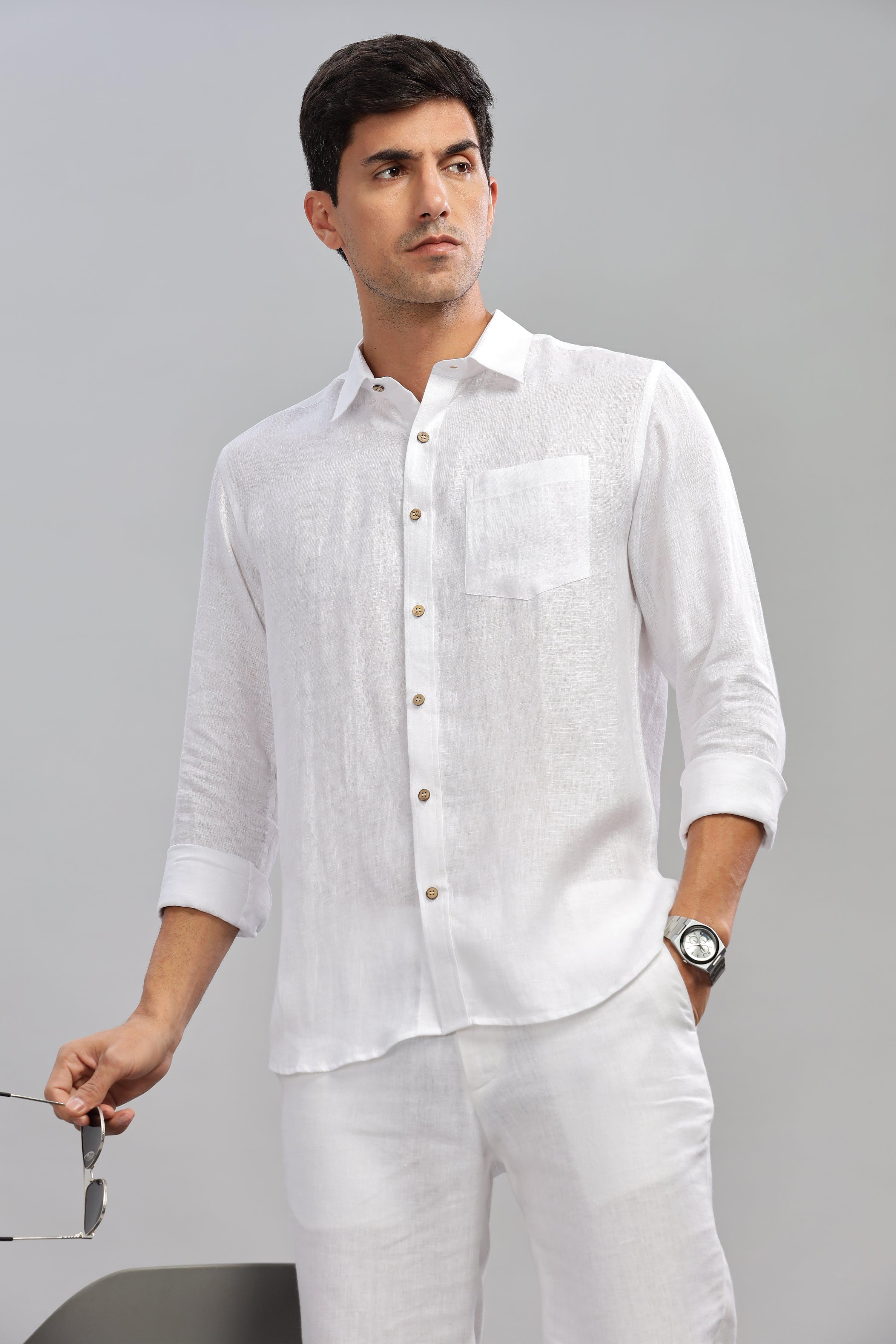 MARK Long Sleeves -100% Pure Linen Regular Collar White Shirt