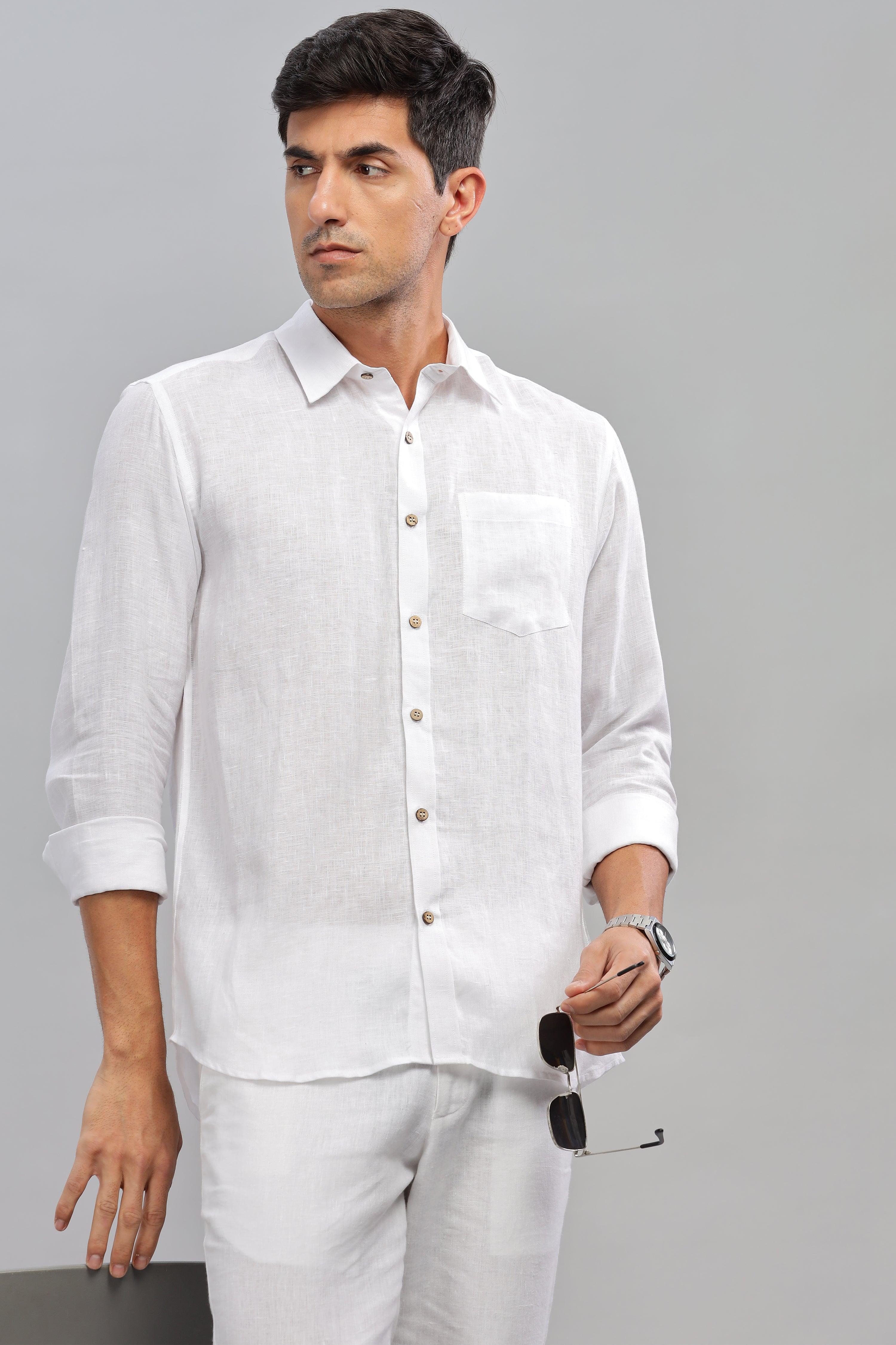MARK Long Sleeves -100% Pure Linen Regular Collar White Shirt