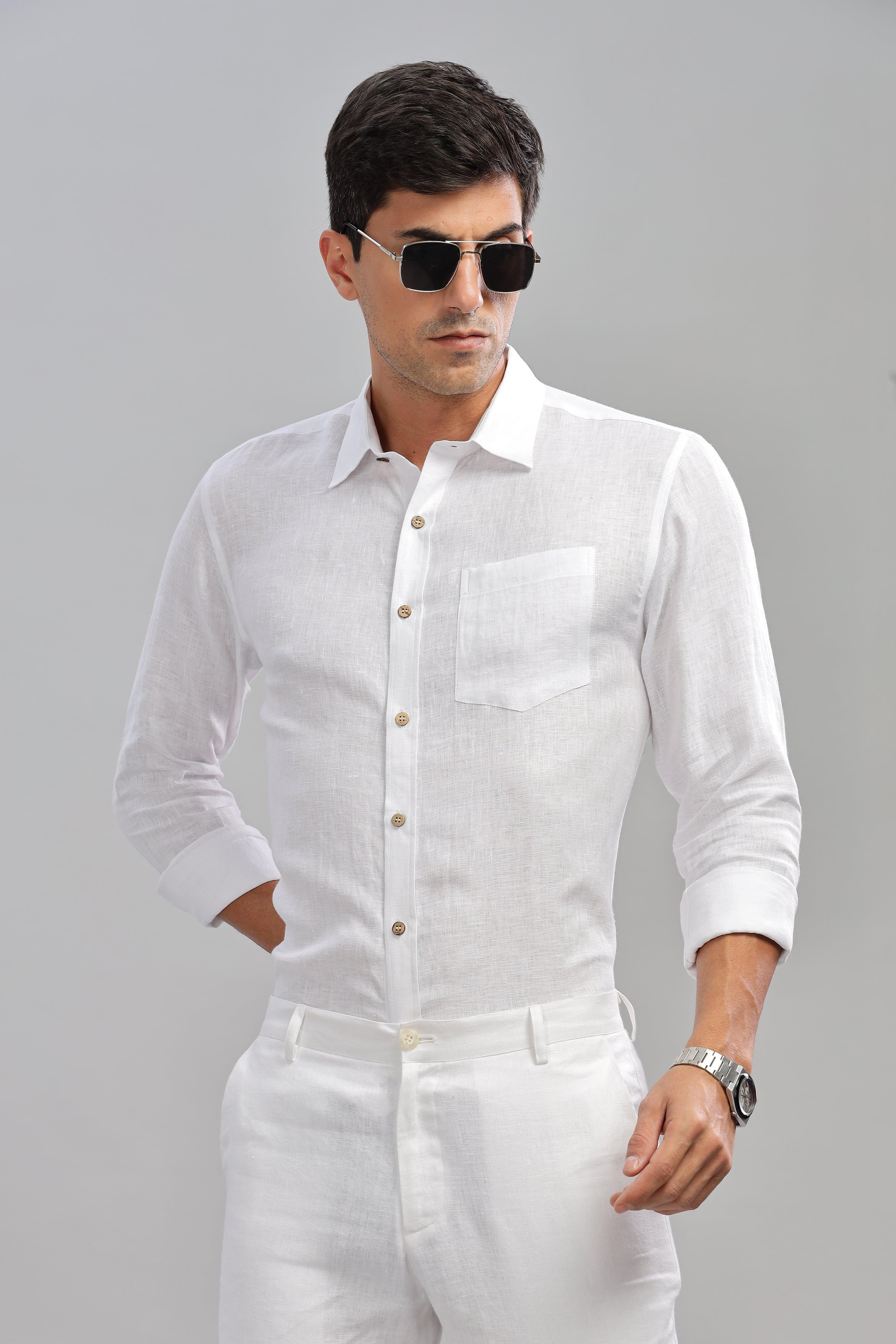 MARK Long Sleeves -100% Pure Linen Regular Collar White Shirt