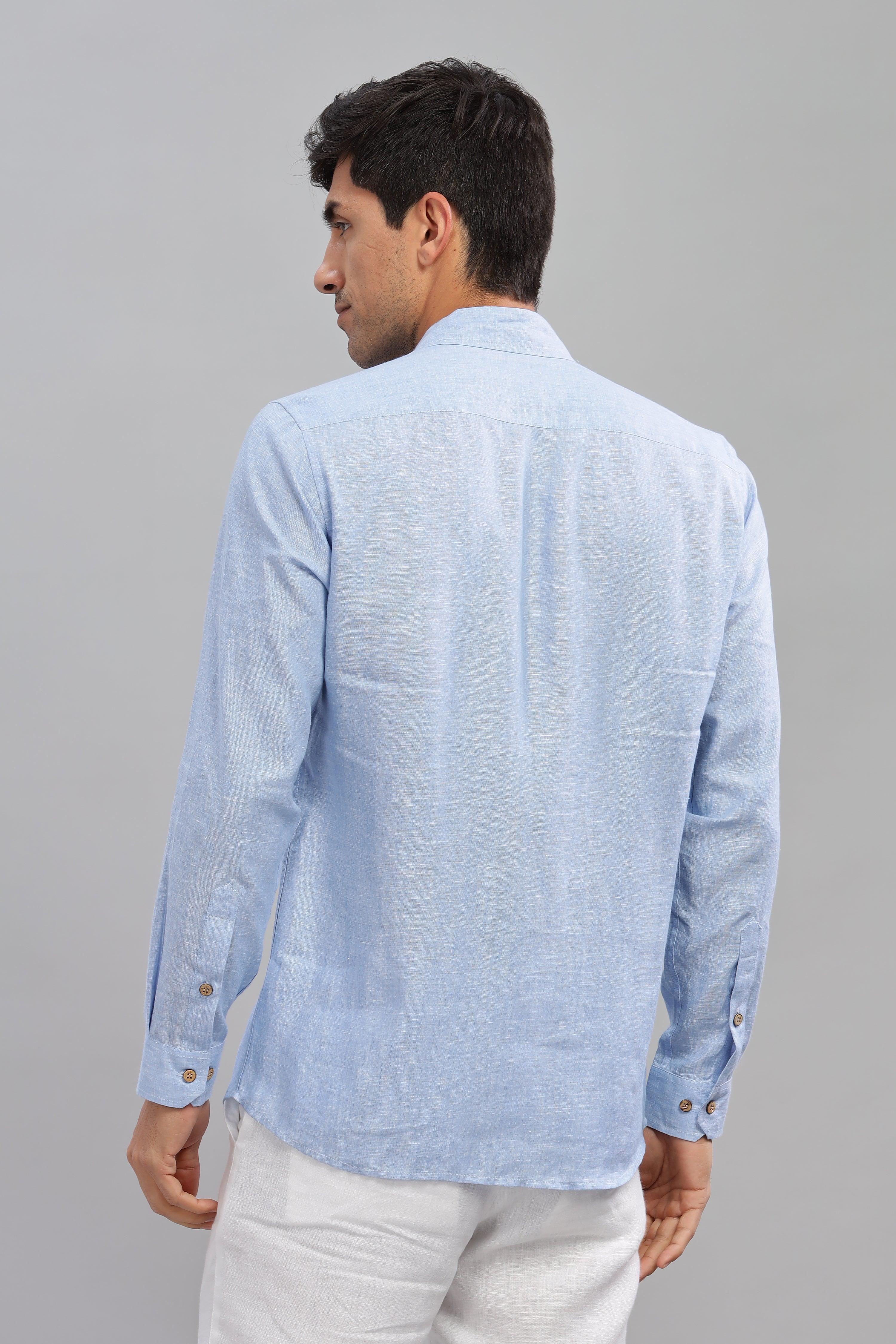 MARK - Everyday  Essential 100 % Pure Linen Light Blue Chambray Shirt Full Sleeves Shirt