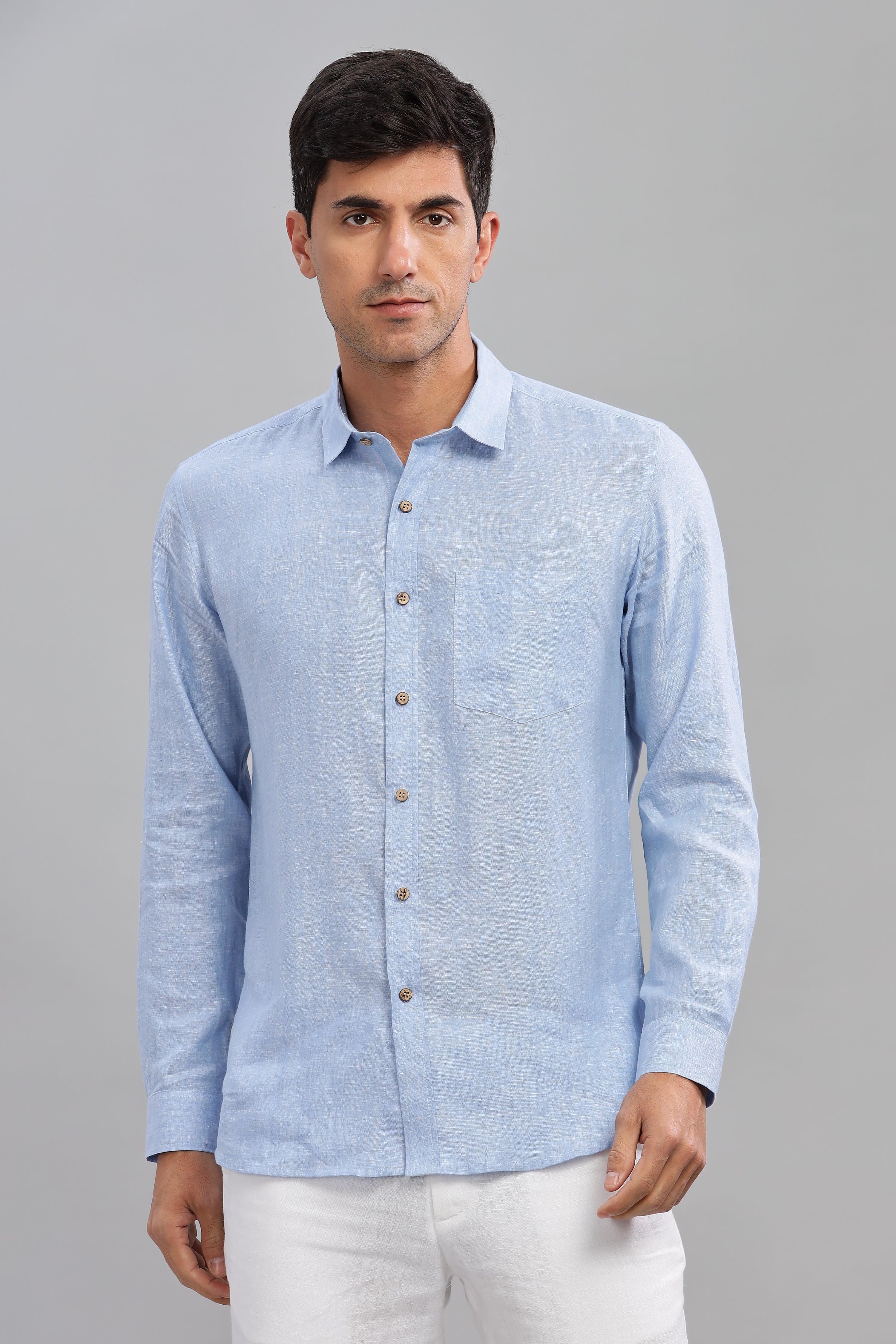 MARK - Everyday  Essential 100 % Pure Linen Light Blue Chambray Shirt Full Sleeves Shirt