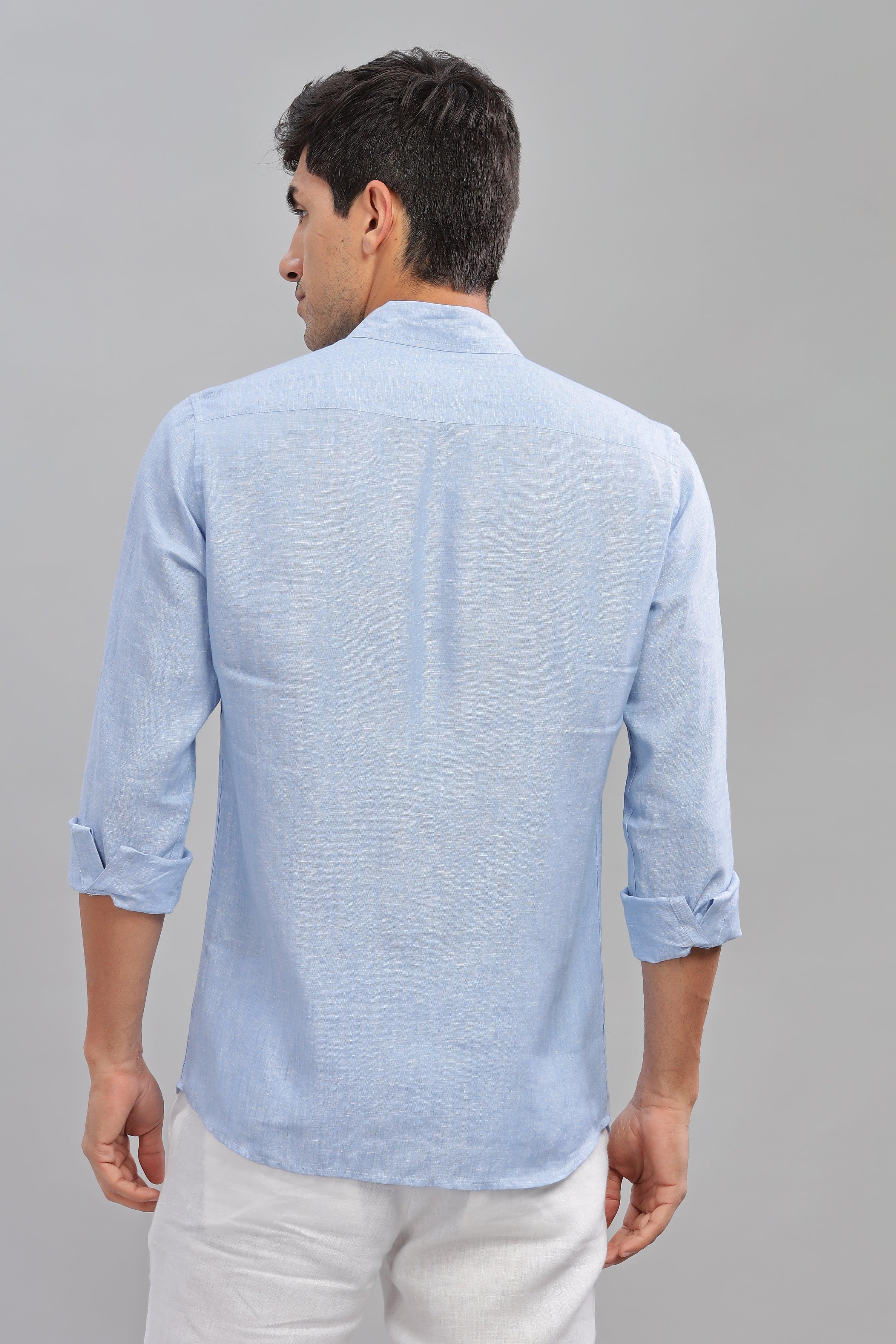 MARK - Everyday  Essential 100 % Pure Linen Light Blue Chambray Shirt Full Sleeves Shirt