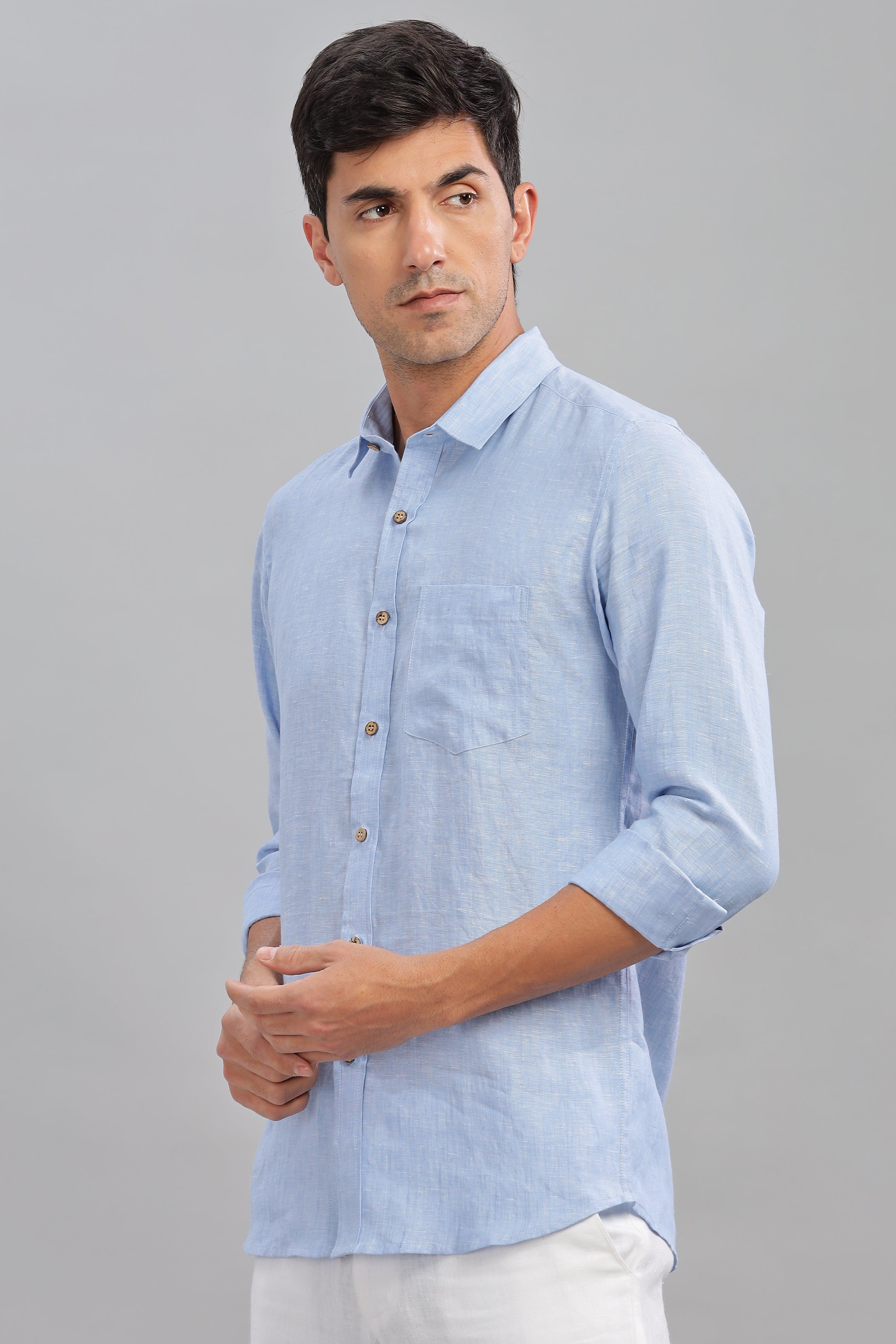 MARK - Everyday  Essential 100 % Pure Linen Light Blue Chambray Shirt Full Sleeves Shirt