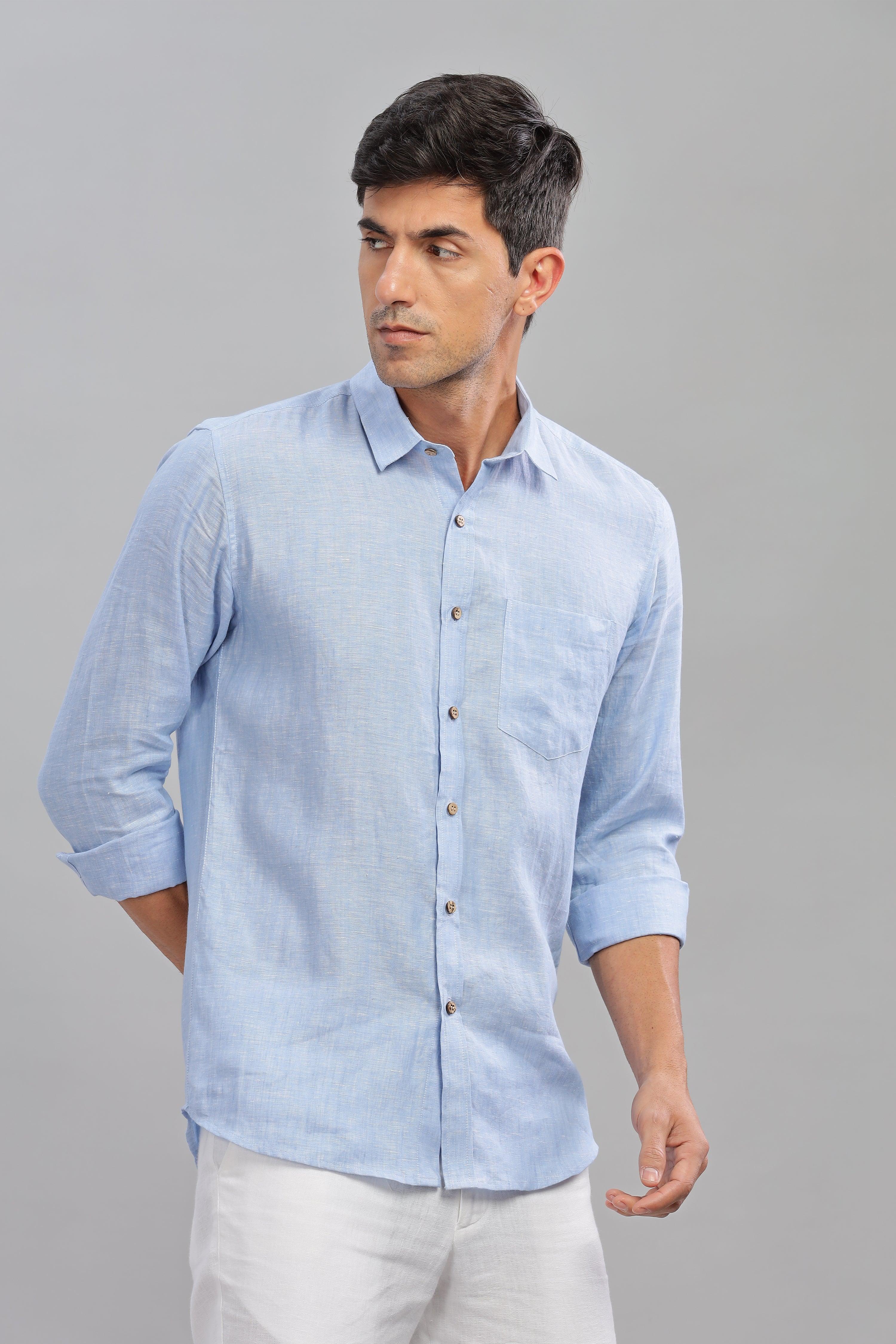 MARK - Everyday  Essential 100 % Pure Linen Light Blue Chambray Shirt Full Sleeves Shirt