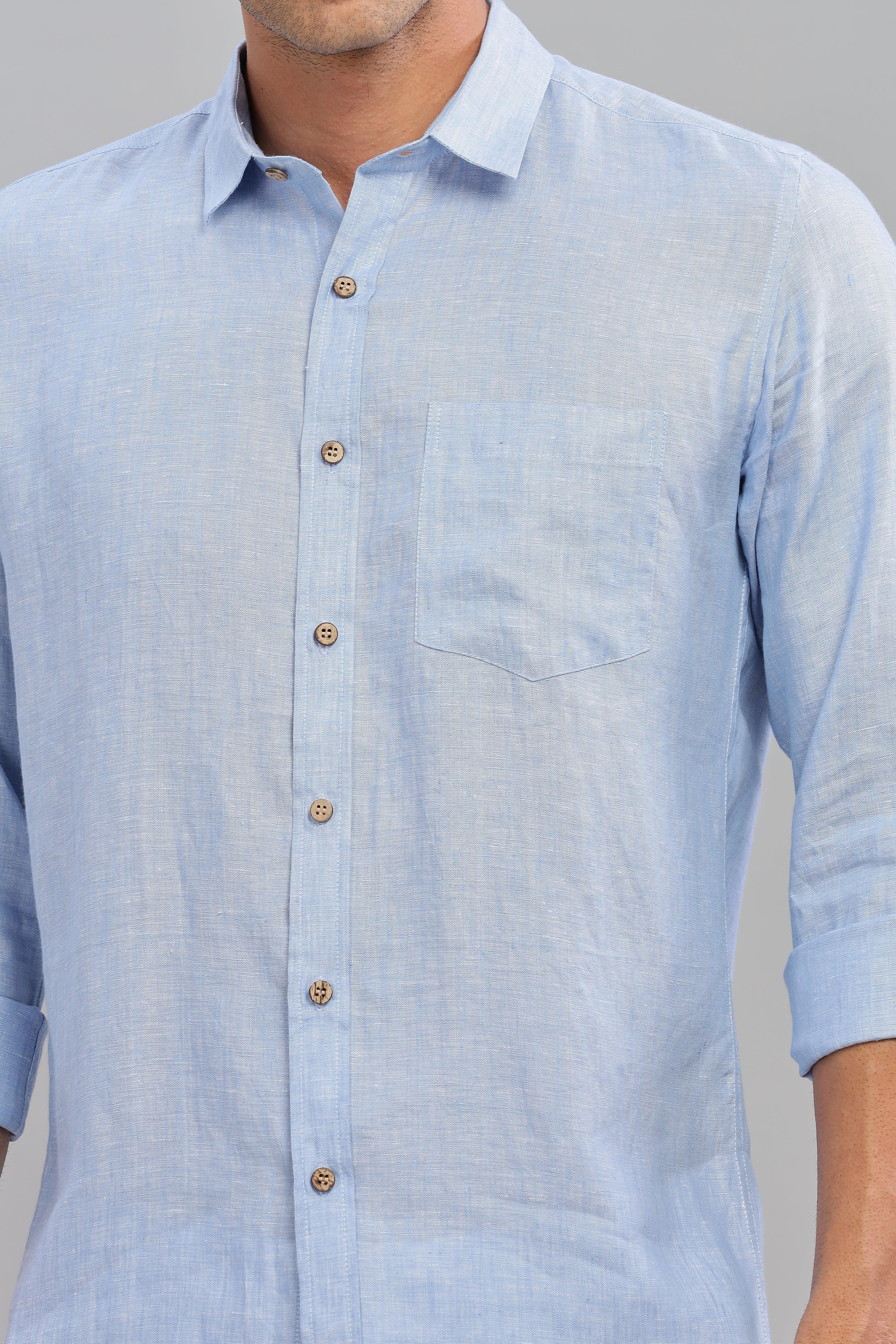 MARK - Everyday  Essential 100 % Pure Linen Light Blue Chambray Shirt Full Sleeves Shirt
