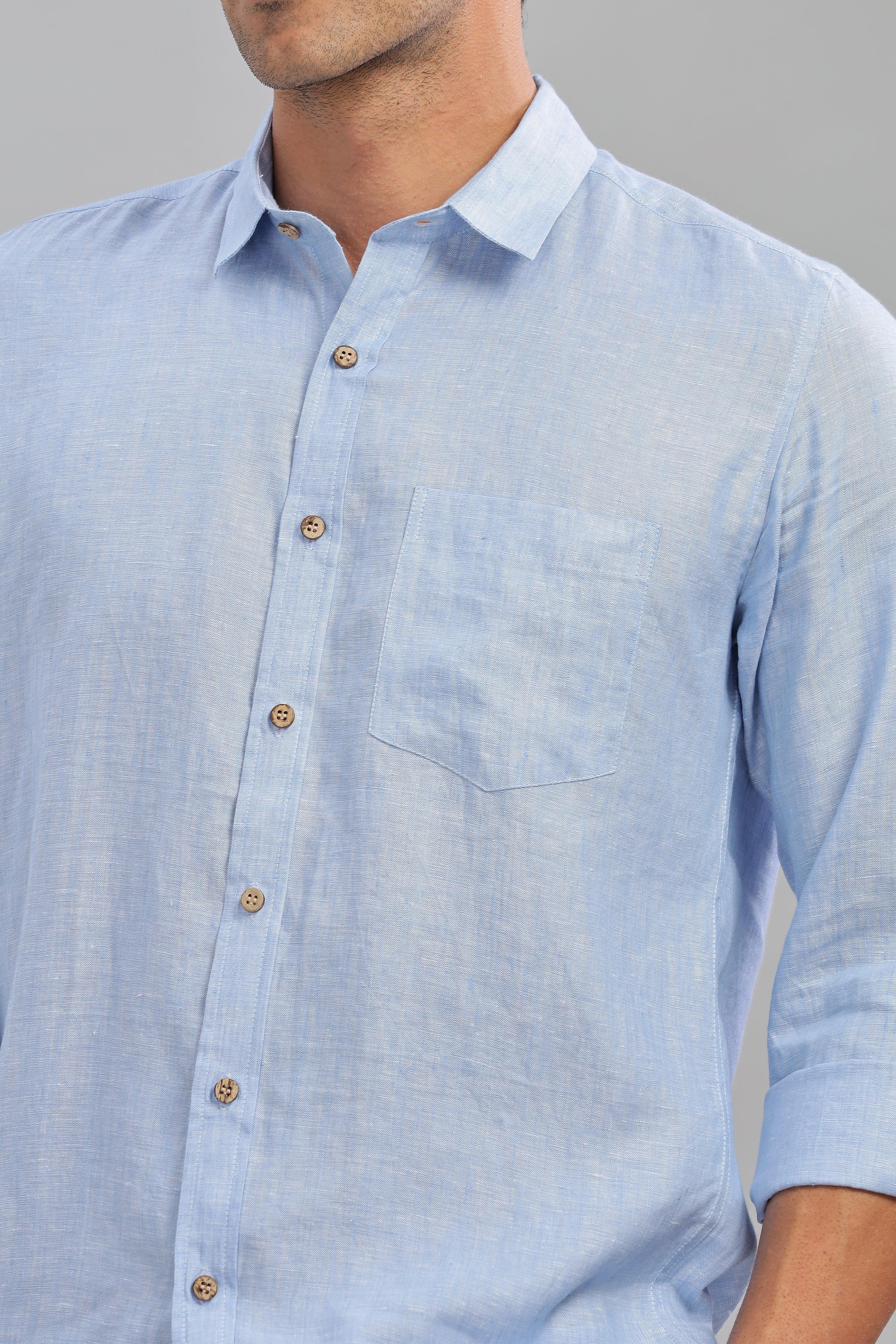 MARK - Everyday  Essential 100 % Pure Linen Light Blue Chambray Shirt Full Sleeves Shirt