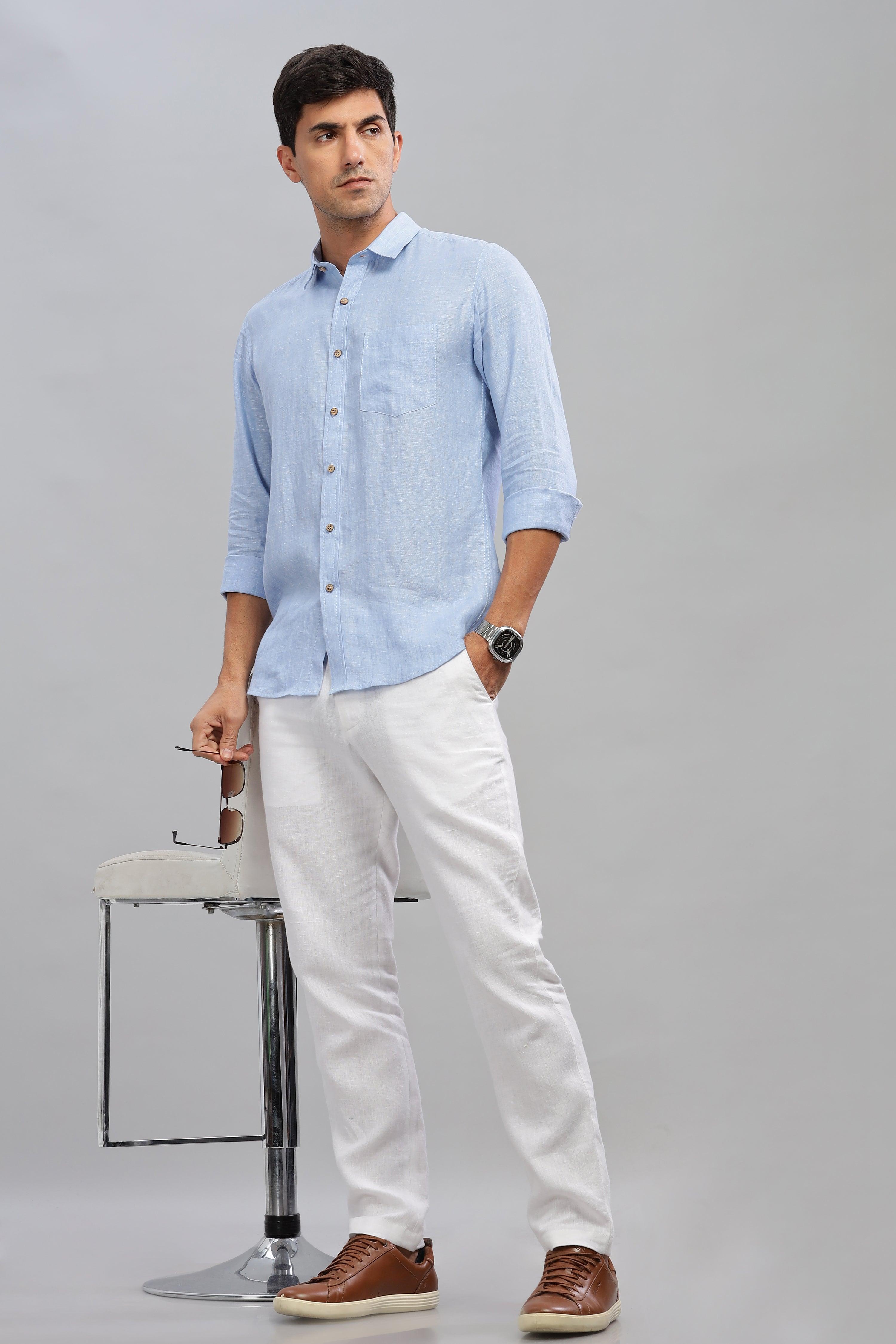 MARK - Everyday  Essential 100 % Pure Linen Light Blue Chambray Shirt Full Sleeves Shirt