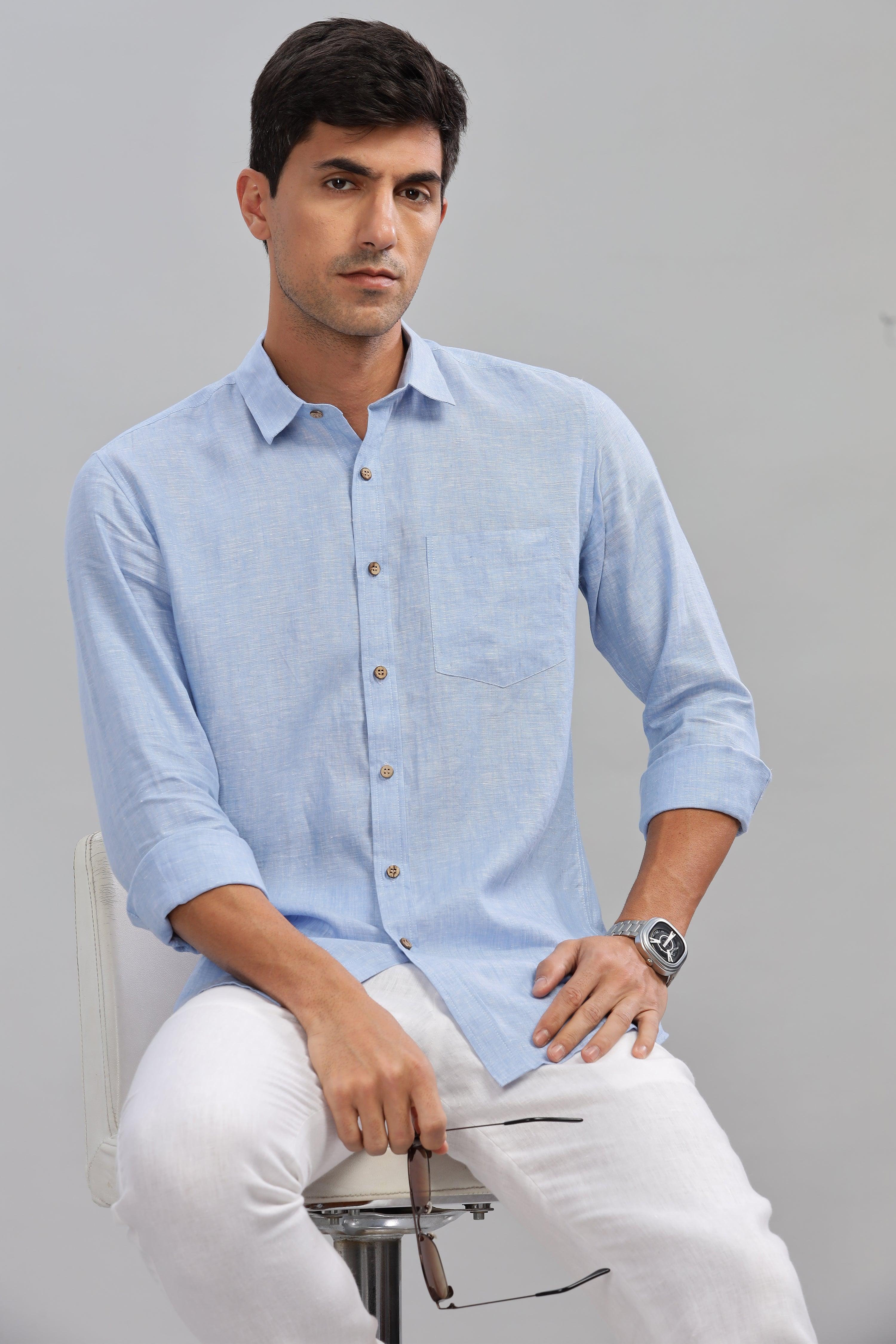 MARK - Everyday  Essential 100 % Pure Linen Light Blue Chambray Shirt Full Sleeves Shirt