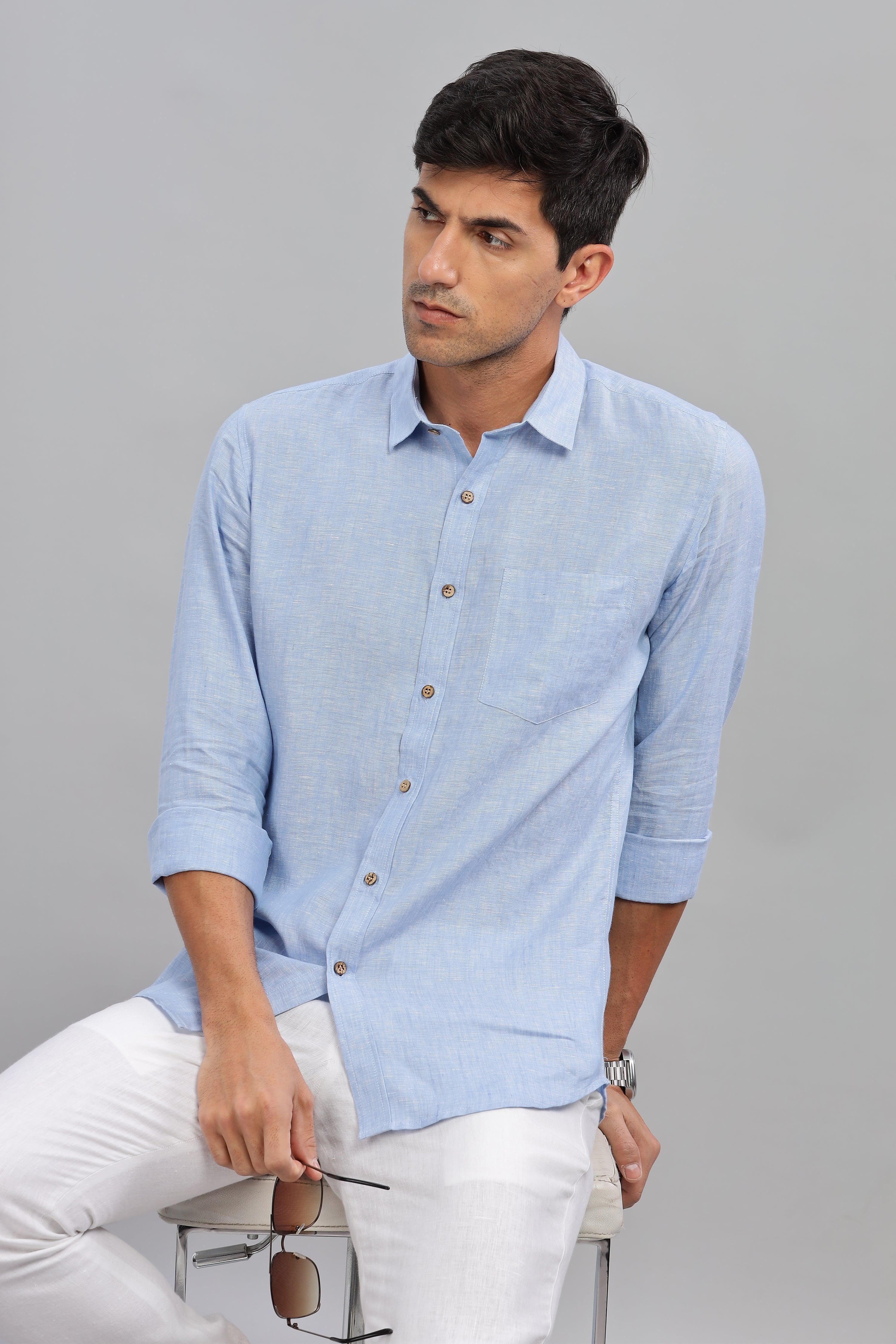 MARK - Everyday  Essential 100 % Pure Linen Light Blue Chambray Shirt Full Sleeves Shirt