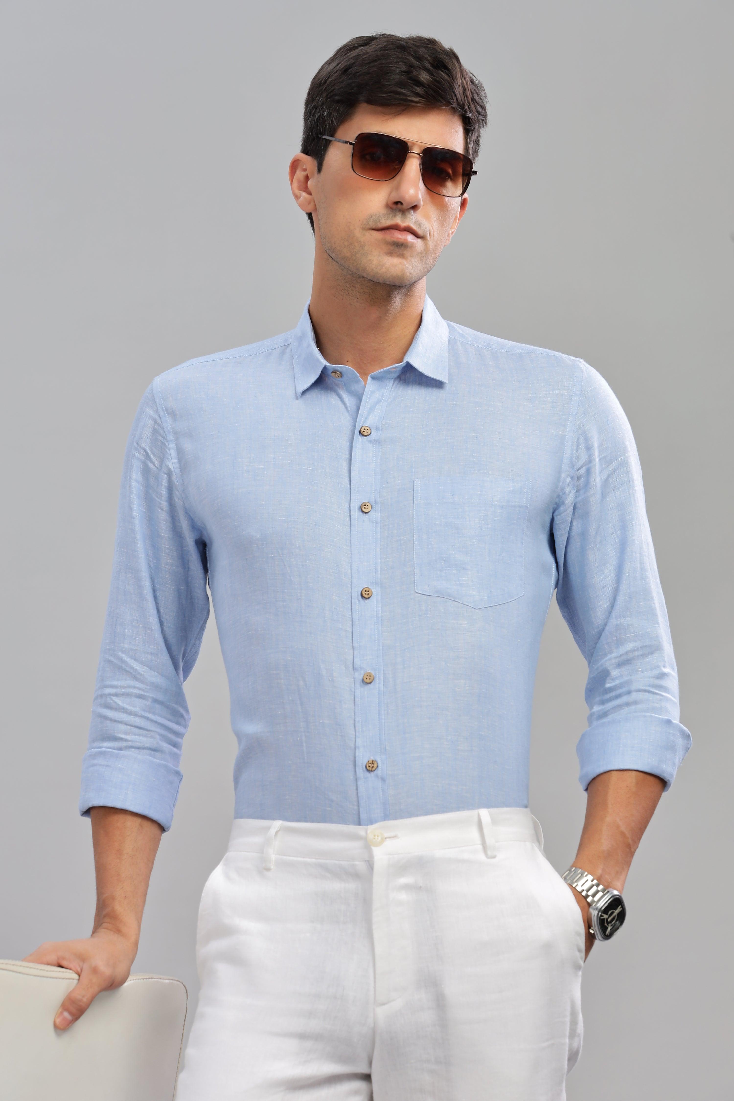 MARK - Everyday  Essential 100 % Pure Linen Light Blue Chambray Shirt Full Sleeves Shirt