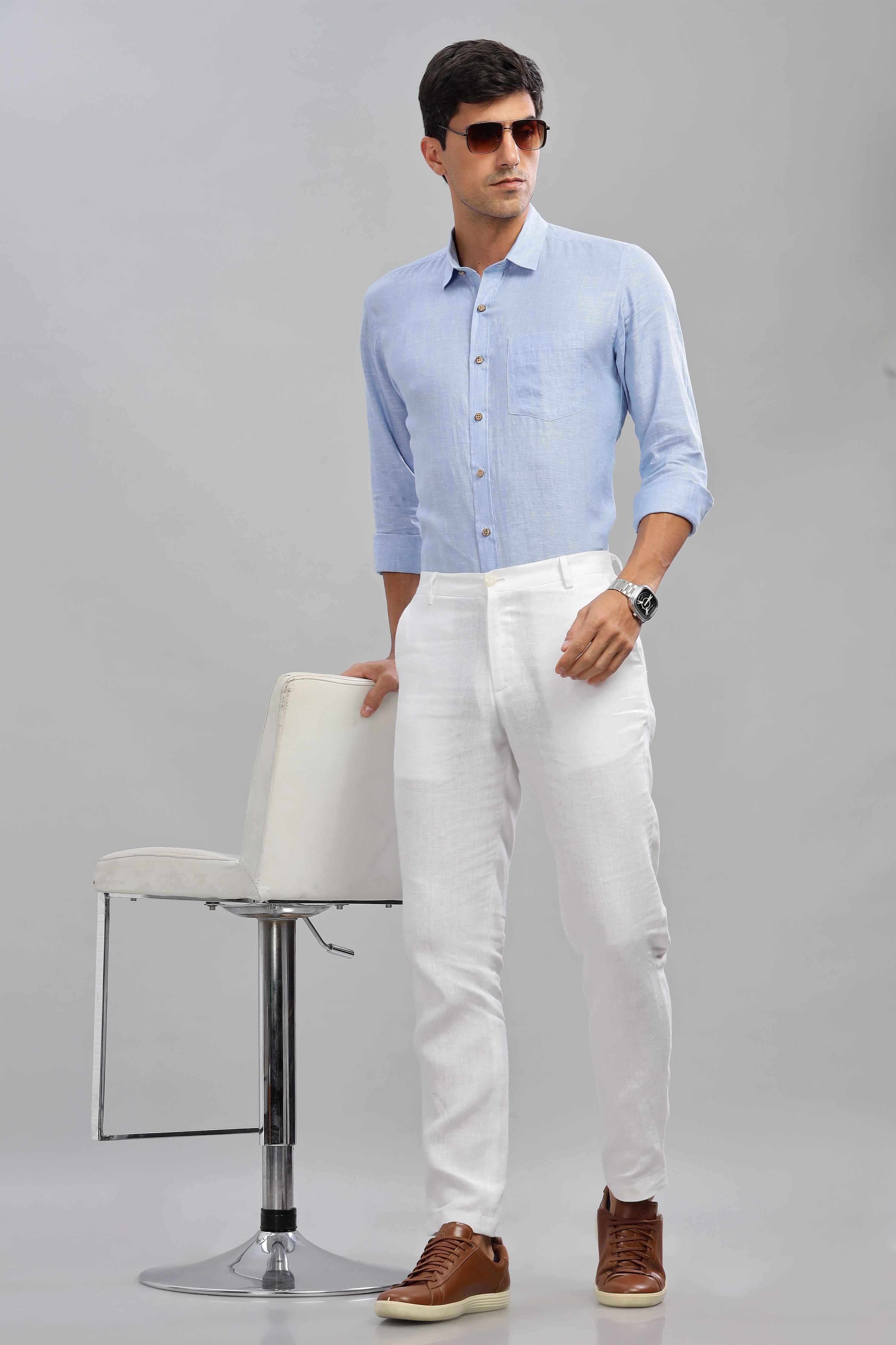 MARK - Everyday  Essential 100 % Pure Linen Light Blue Chambray Shirt Full Sleeves Shirt