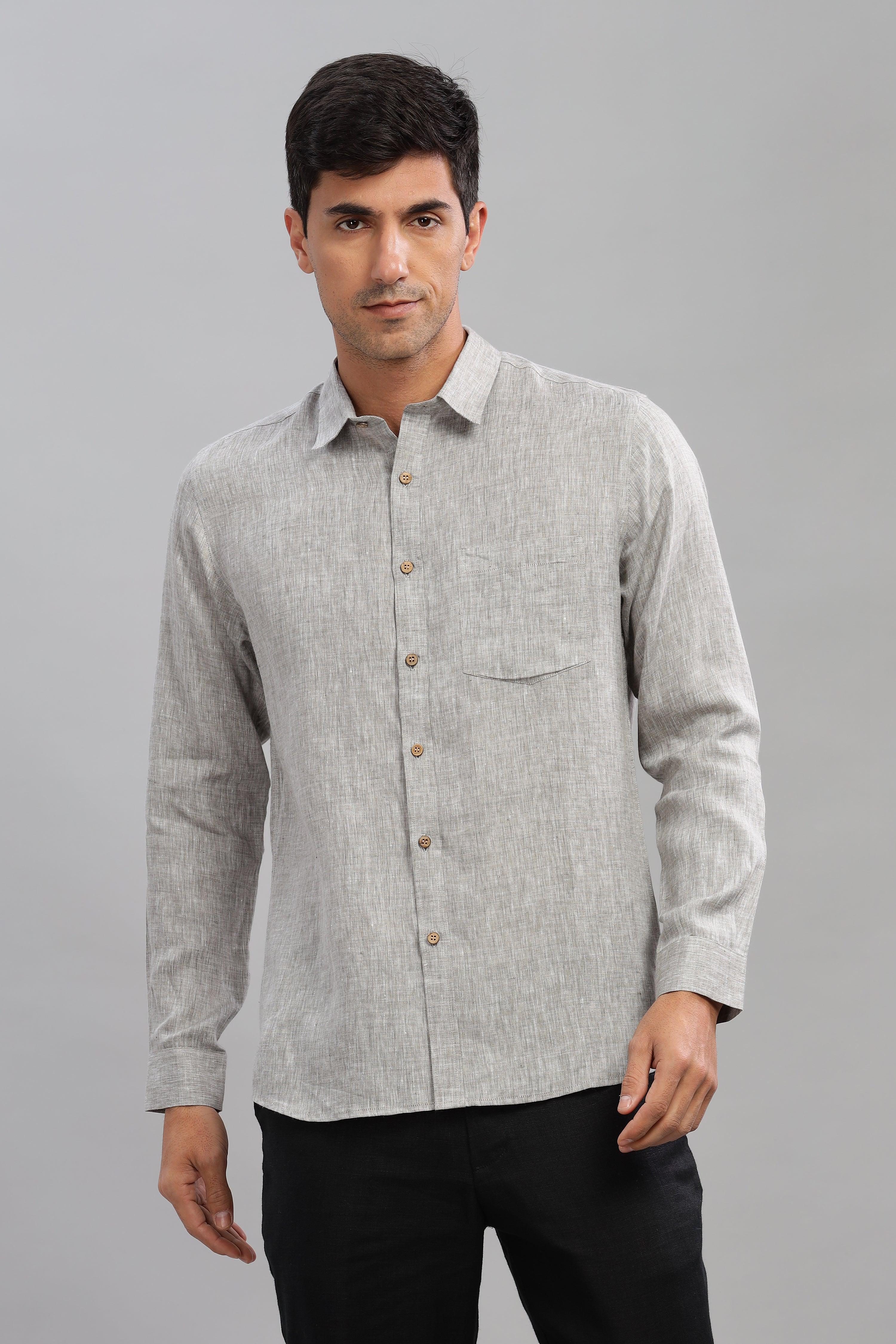 MARK - Everyday Essential 100 % Pure Linen Grey Chambray Shirt Full Sleeves