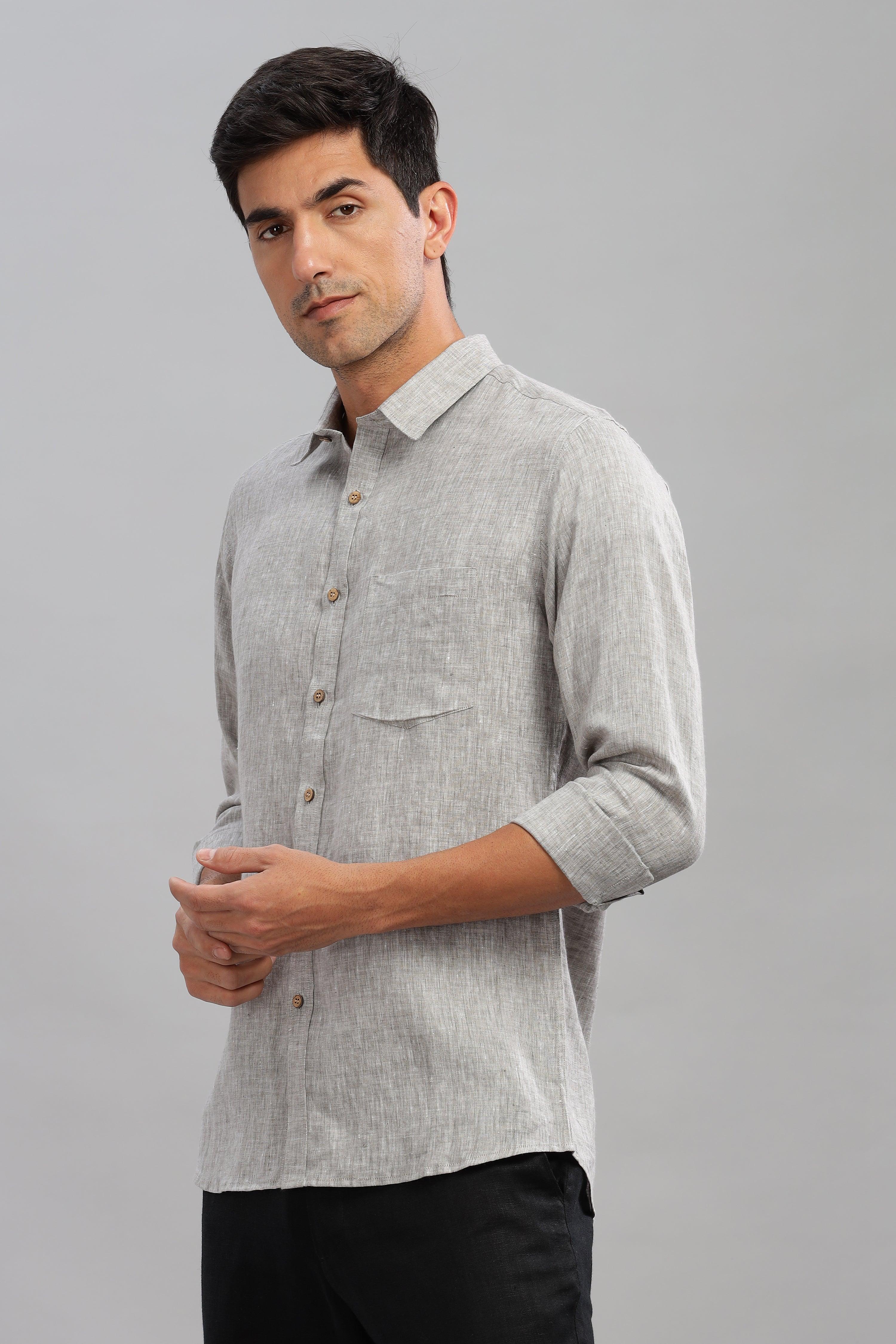 MARK - Everyday  Essential 100 % Pure Linen Grey Chambray Shirt Full Sleeves