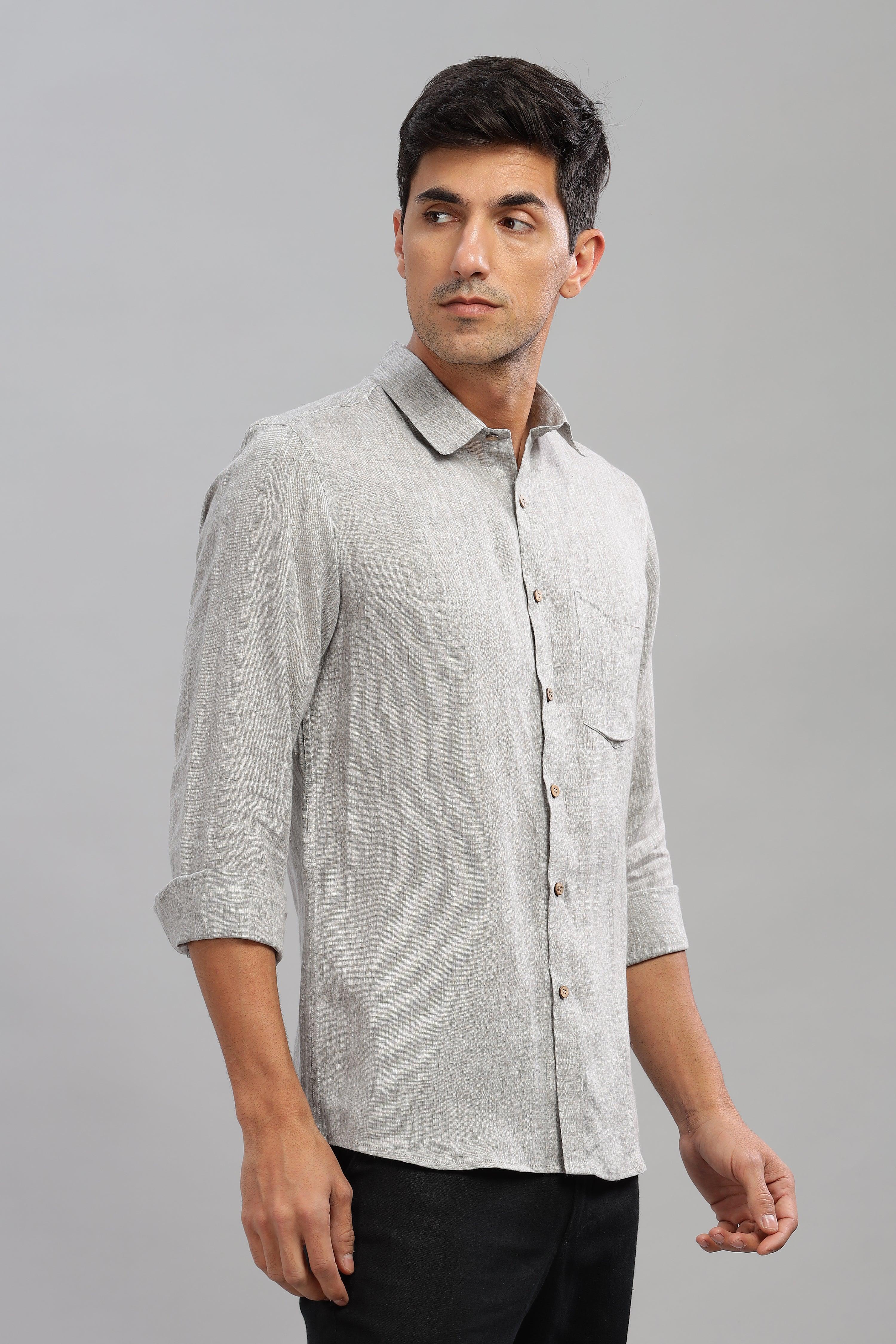 MARK - Everyday Essential 100 % Pure Linen Grey Chambray Shirt Full Sleeves
