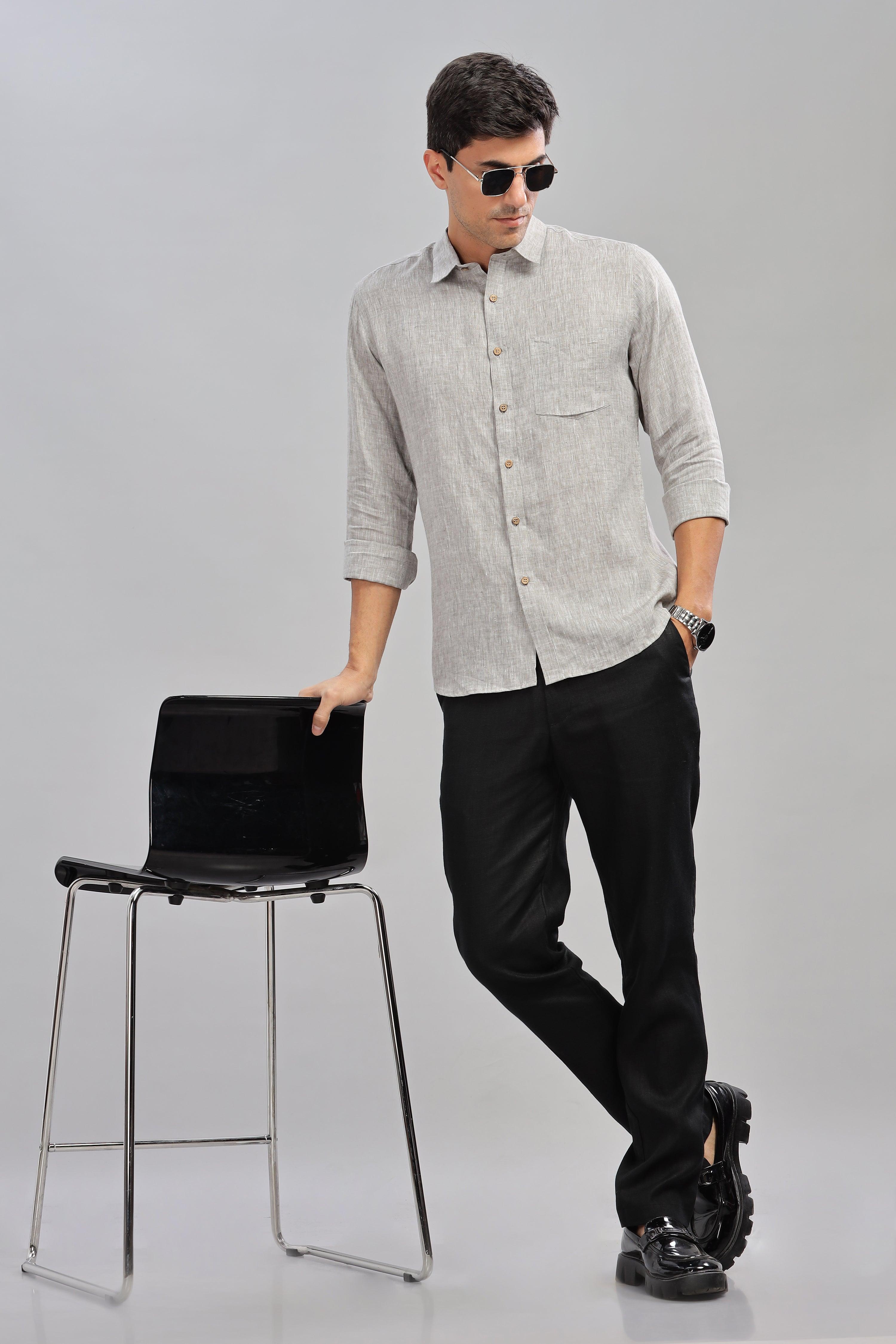 MARK - Everyday Essential 100 % Pure Linen Grey Chambray Shirt Full Sleeves